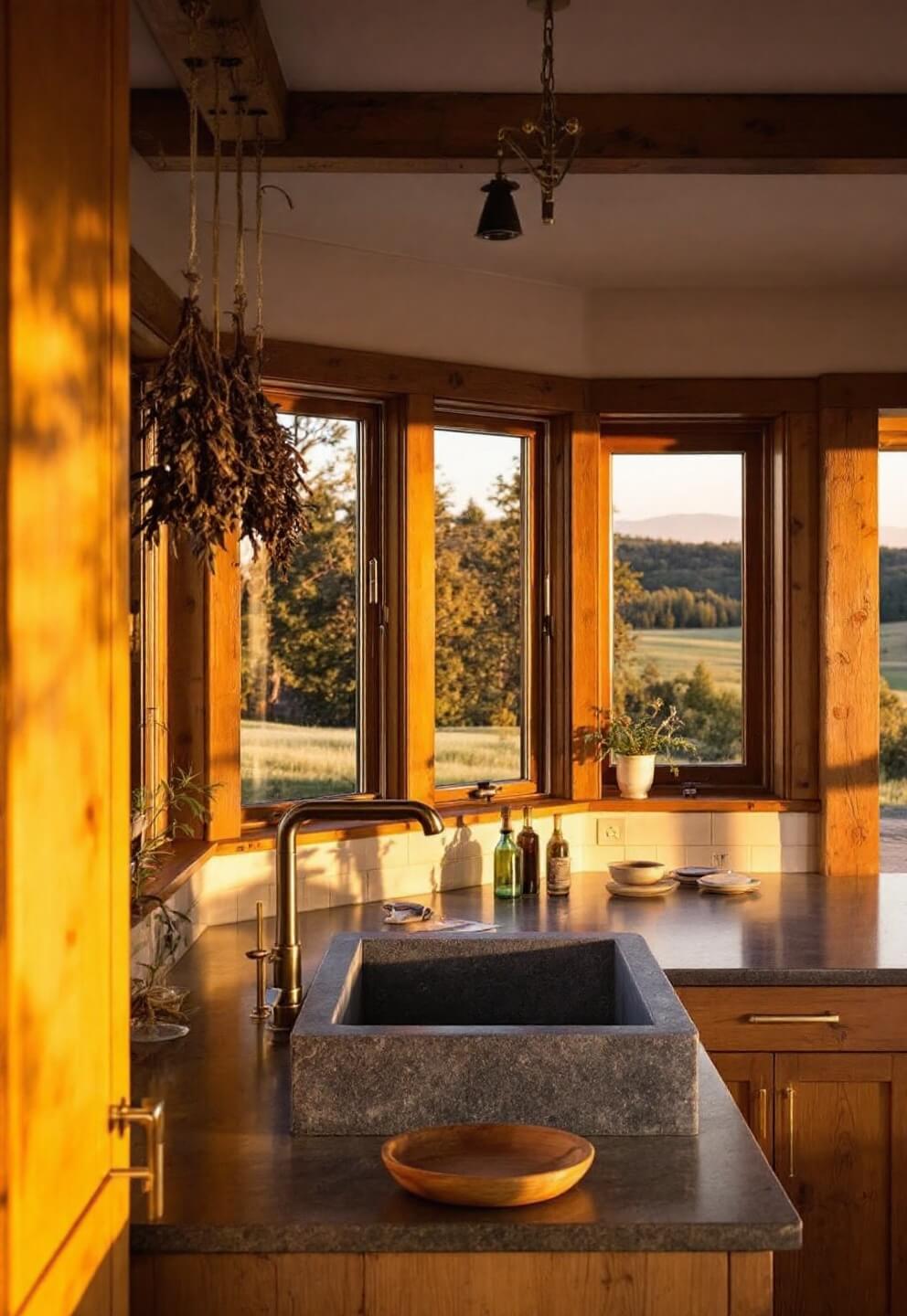 Open-concept kitchen with patinated brass hardware on rough-sawn wooden cabinets, stone sink with chisel marks, and dried herbs hanging from wooden beams in golden hour lighting.