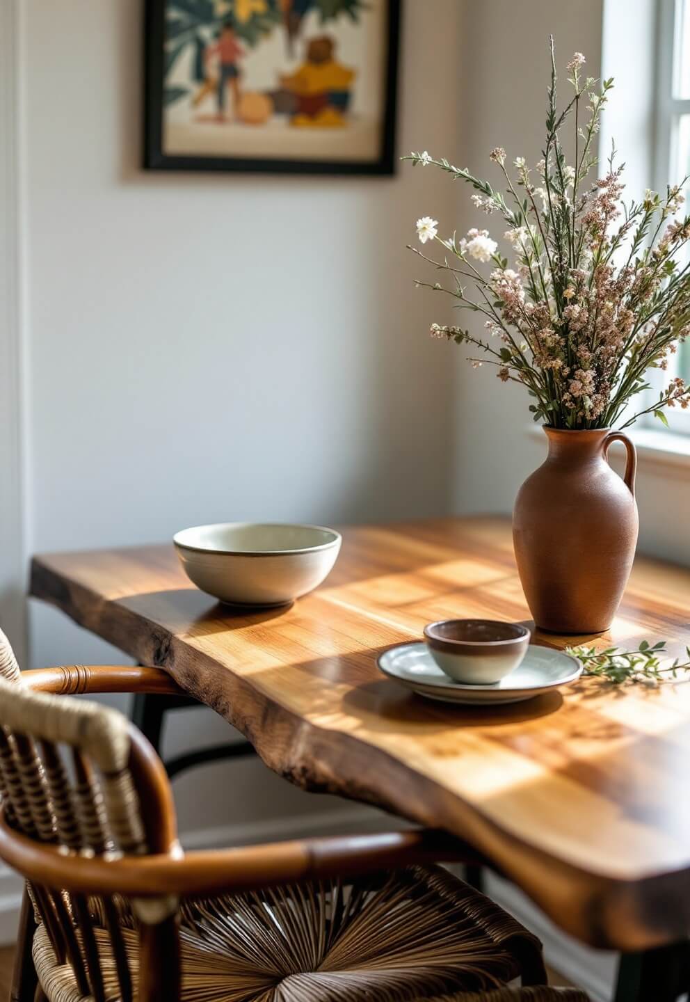 Vintage breakfast nook with ceramic bowls on live-edge table, rush chairs, and botanical cuttings in a vase illuminated by window light.