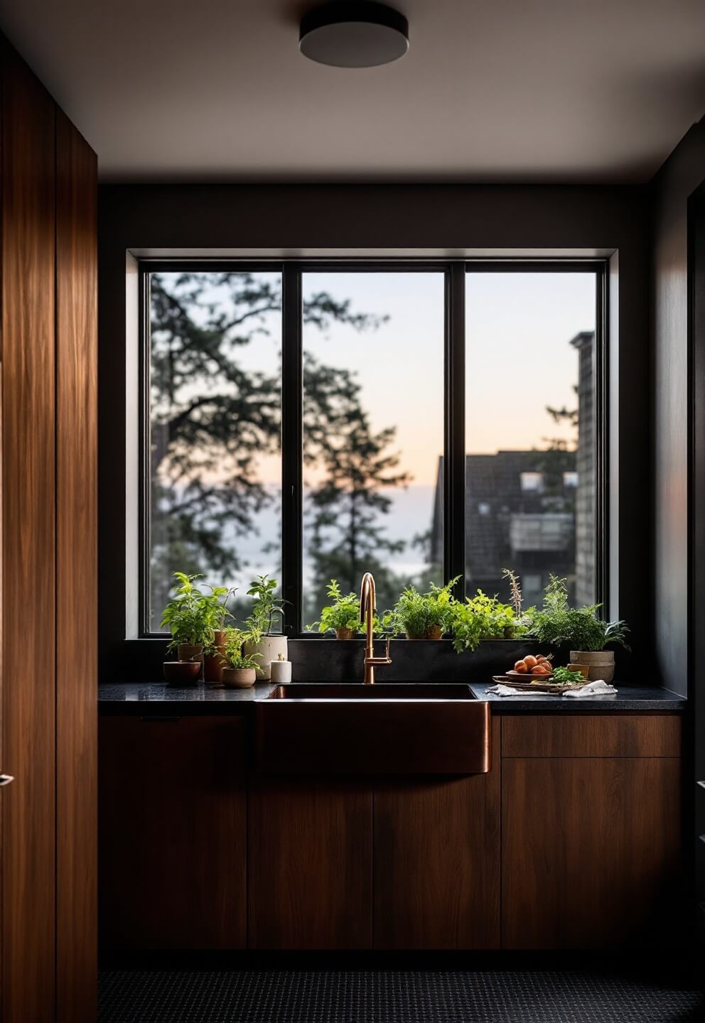 Minimalist kitchen at twilight with wooden cabinets, hand-forged copper sink, potted herbs at the window, and dramatic side lighting