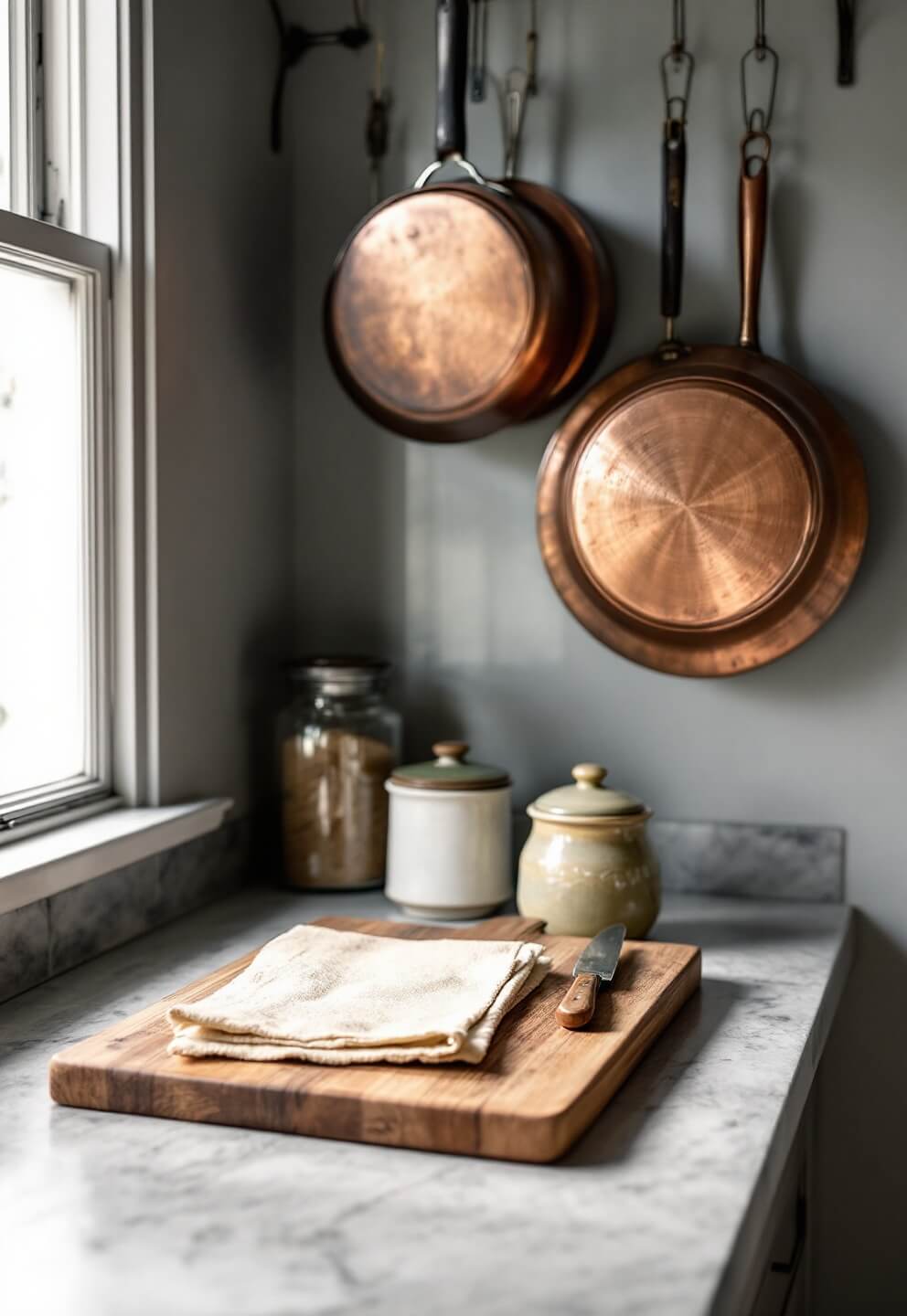 Close-up of a vintage kitchen preparation area with a worn wooden cutting board on a limestone countertop, handmade ceramic spice jars, and copper cookware hanging from an iron pot rack, under soft lighting from a window.