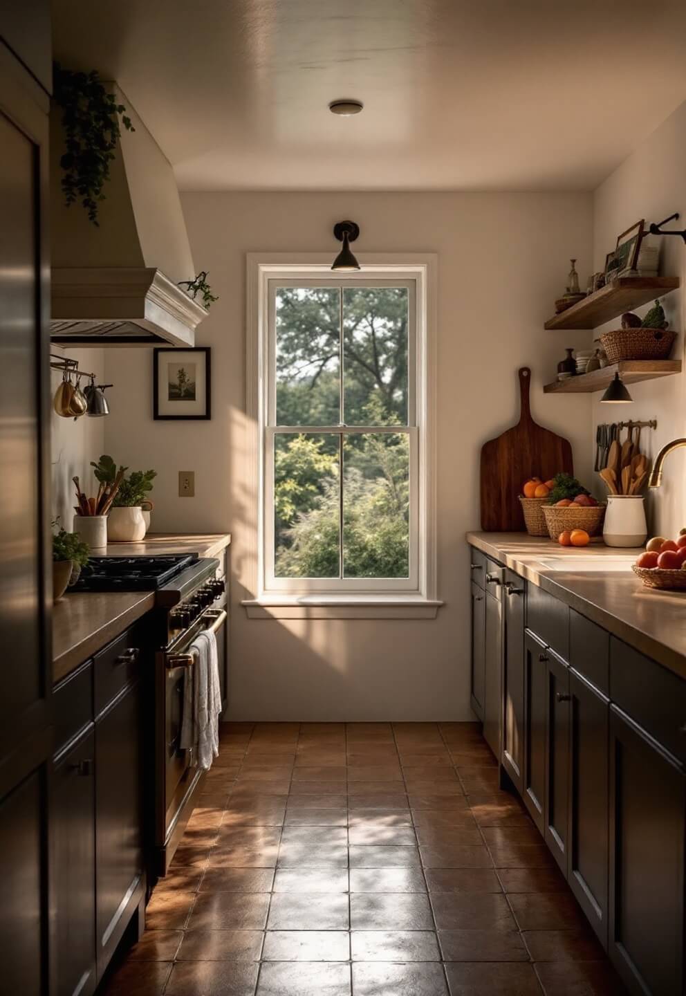 An evening scene in a 12x14ft kitchen with hand-troweled warm white plaster walls and oil-rubbed bronze fixtures. The room is lit with warm artificial sources highlighting the slight irregularities of the clay tiles and woven baskets storing root vegetables.