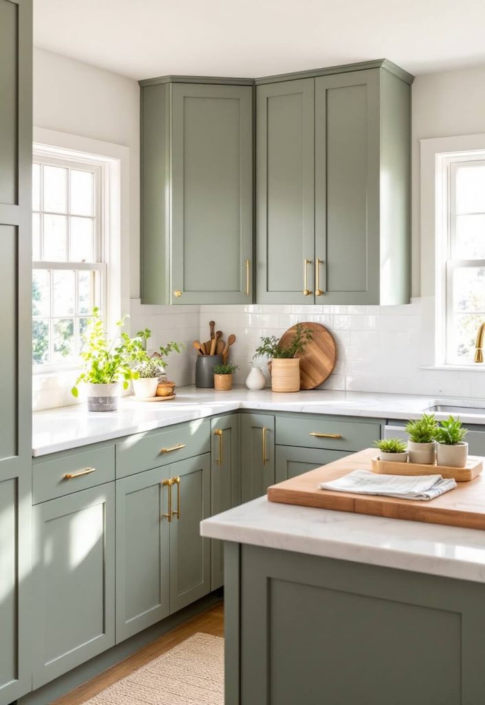 "Sunny 12x15ft kitchen with sage green shaker cabinets, white marble countertops and a central island with herb pots, accented by warm natural light and brass hardware"