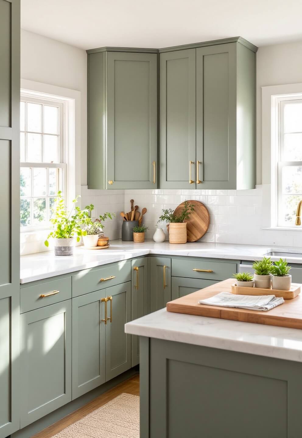 Sunny 12x15ft kitchen with sage green shaker cabinets, white marble countertops and a central island with herb pots, accented by warm natural light and brass hardware