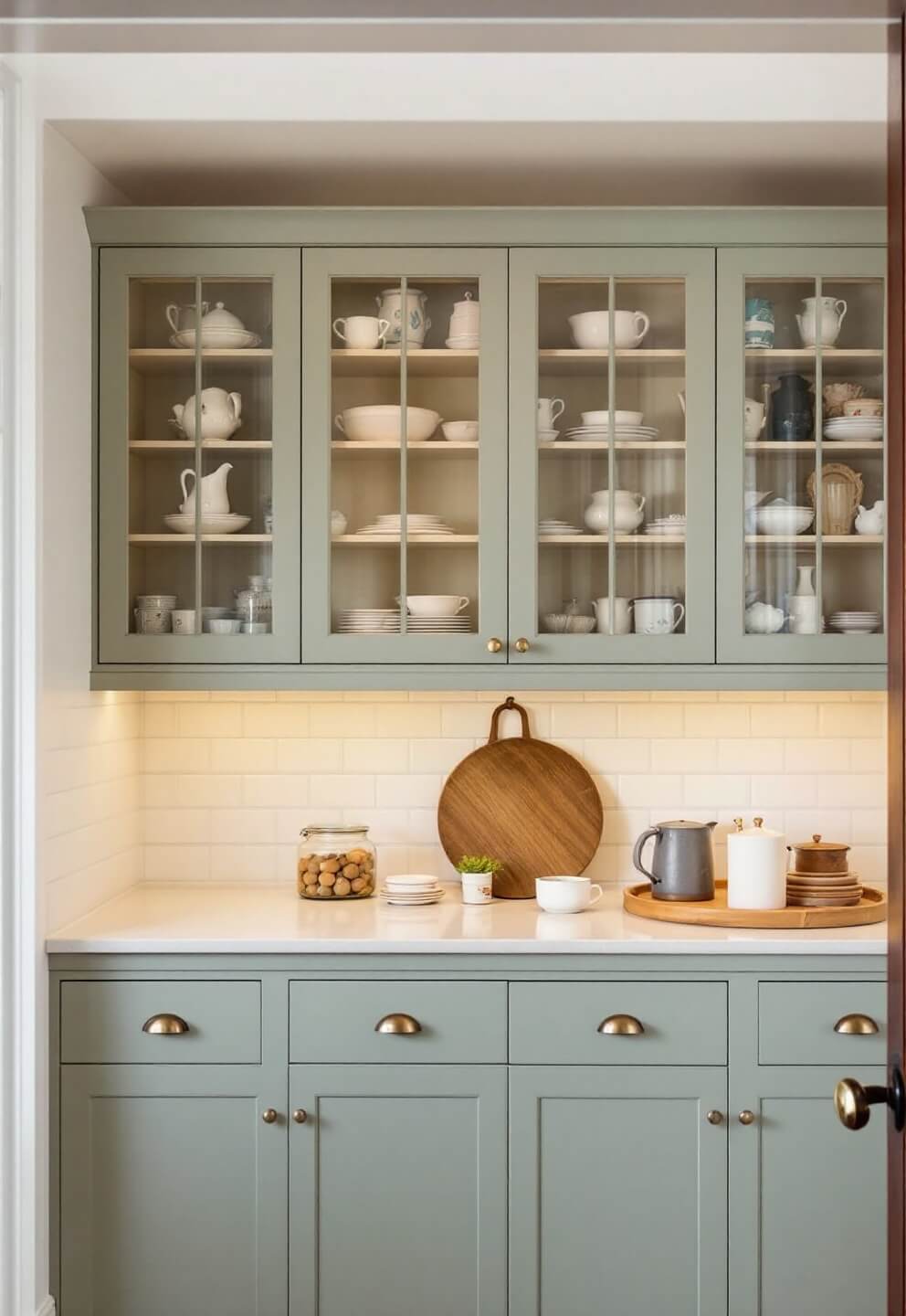 Cozy north-facing kitchen with warm sage green cabinets, cream subway tile backsplash, vintage pottery in glass-fronted cabinets, and brass pendant lights over breakfast nook, illuminated by soft diffused natural and warm artificial light.