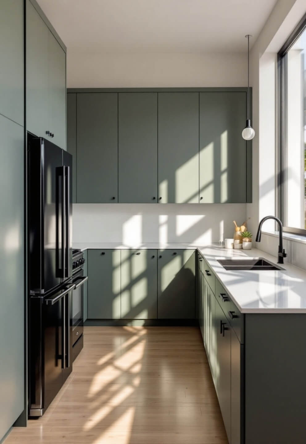 Straight-on shot of a modern, minimalist kitchen featuring sage flat-panel cabinets, white quartz countertops, and matte black hardware, bathed in afternoon light from industrial black-framed windows in a 15x20ft open concept space.