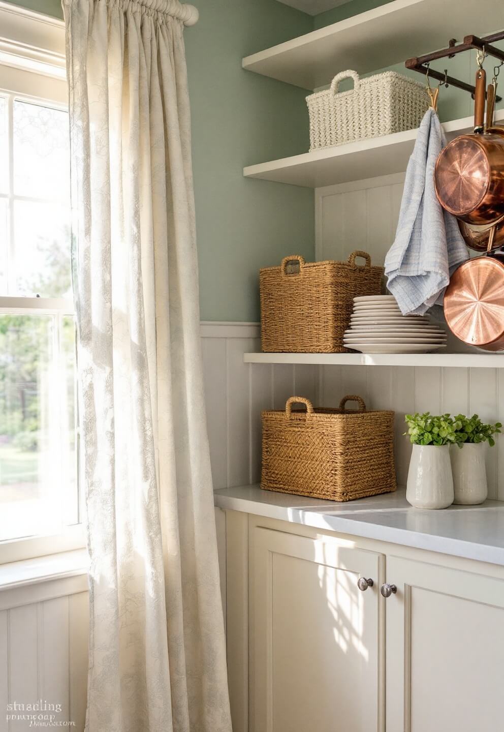 Cottage-style kitchen corner with two-tone cabinetry, woven baskets on open shelves, hanging copper pots, and morning light filtering through lace curtains