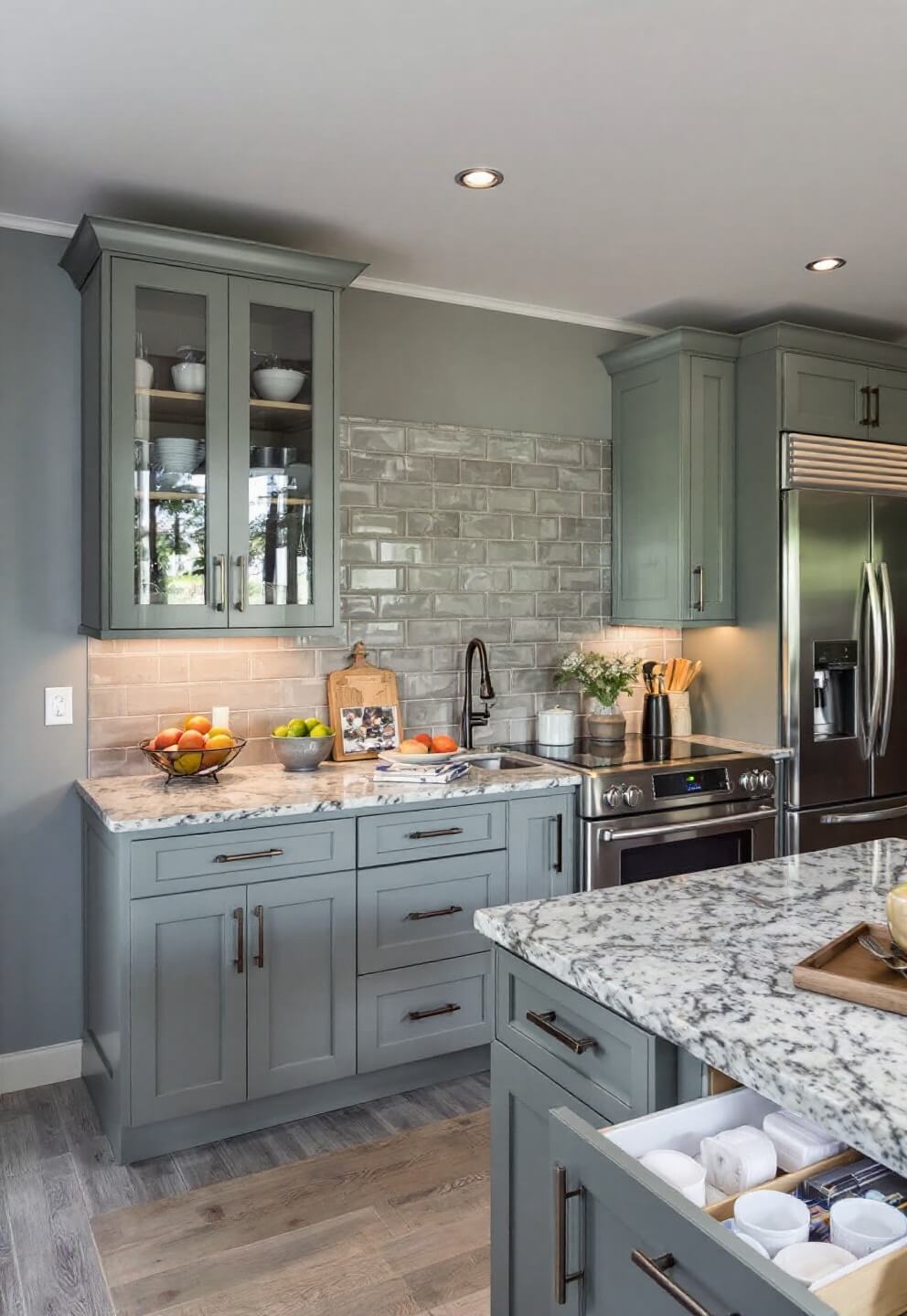 Overhead view of a professional 20x15ft kitchen with deep sage cabinetry, stainless steel appliances, and organized storage drawers