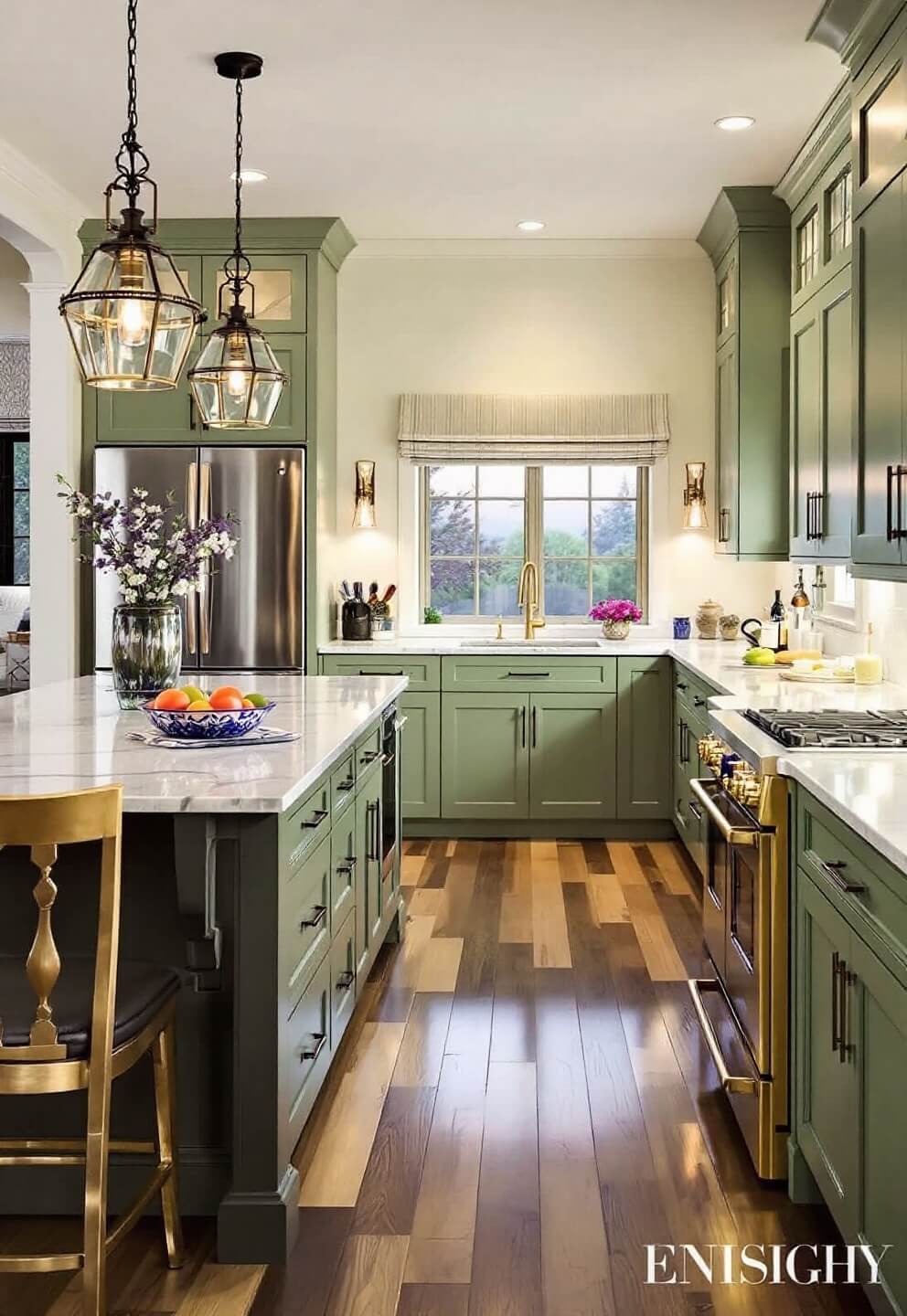 Large transitional kitchen with sage green cabinets, cream walls, and brass accents, featuring double islands with marble waterfall edges, pendant lights and dramatic lighting.