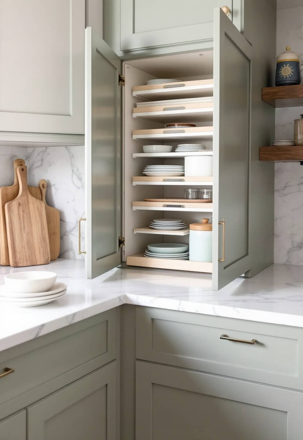 Corner view of sage-coloured cabinetry with visible carousel storage, wooden cutting boards against marble backsplash, and ceramic canisters