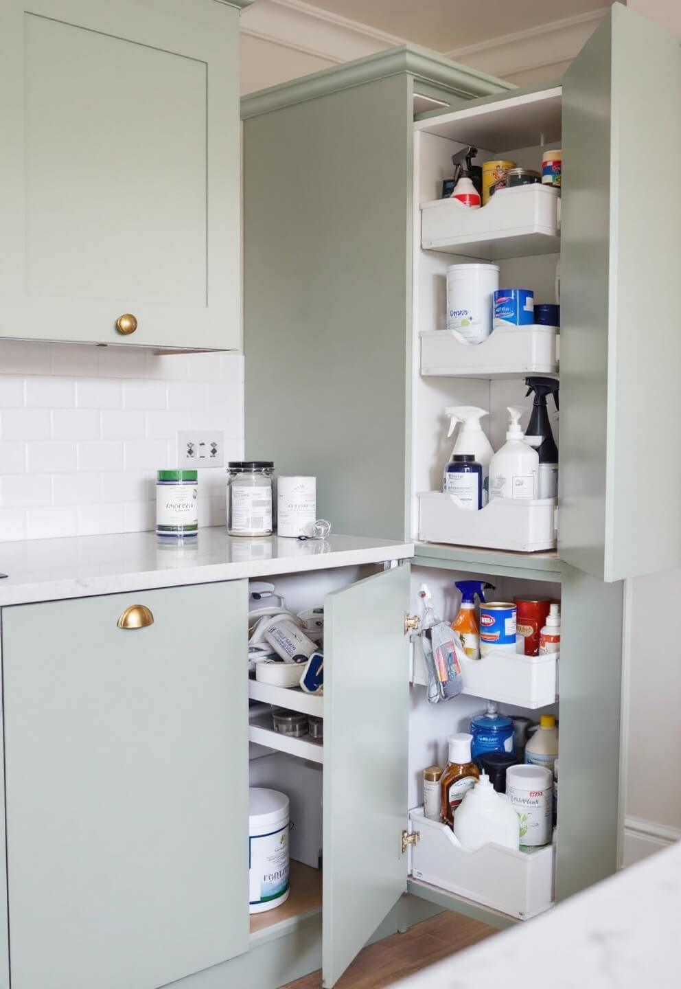 Straight-on documentary style shot of a maintenance-focused kitchen with sage green cabinets, organized cleaning supplies in pull-out units, protective mats, and touch-up paint storage, brightly lit to reveal intricate details