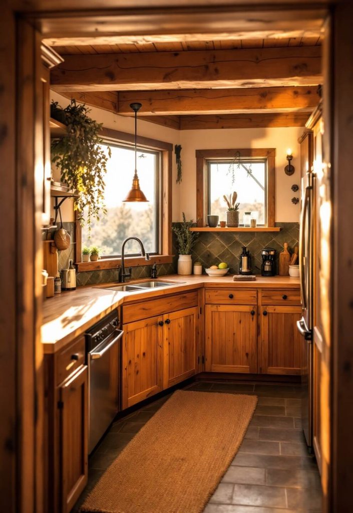 "Rustic cabin kitchen with sunlight streaming through window, highlighting knotty pine cabinetry, natural stone backsplash and farmhouse sink under warm copper lamp."