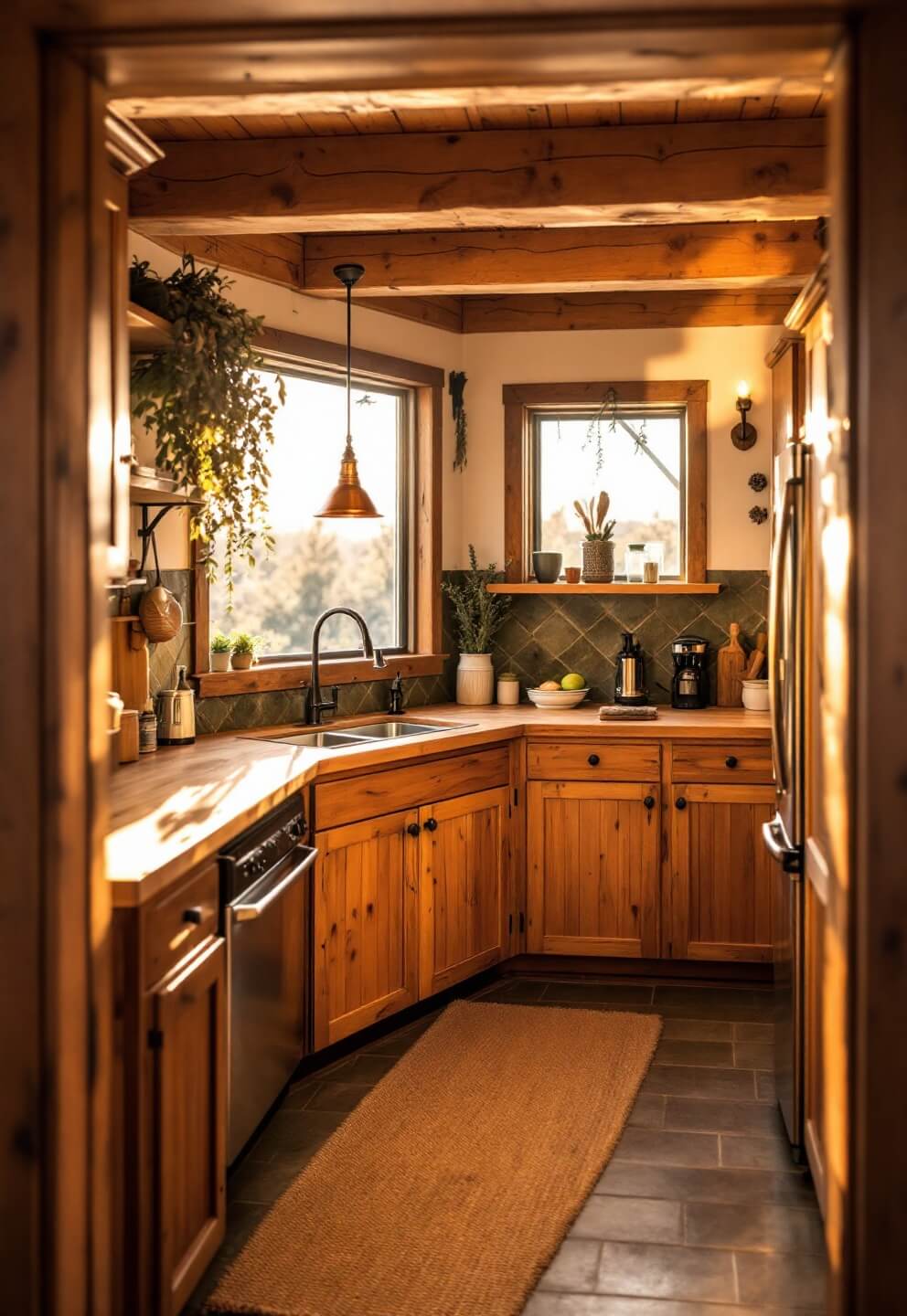 Rustic cabin kitchen with sunlight streaming through window, highlighting knotty pine cabinetry, natural stone backsplash and farmhouse sink under warm copper lamp.