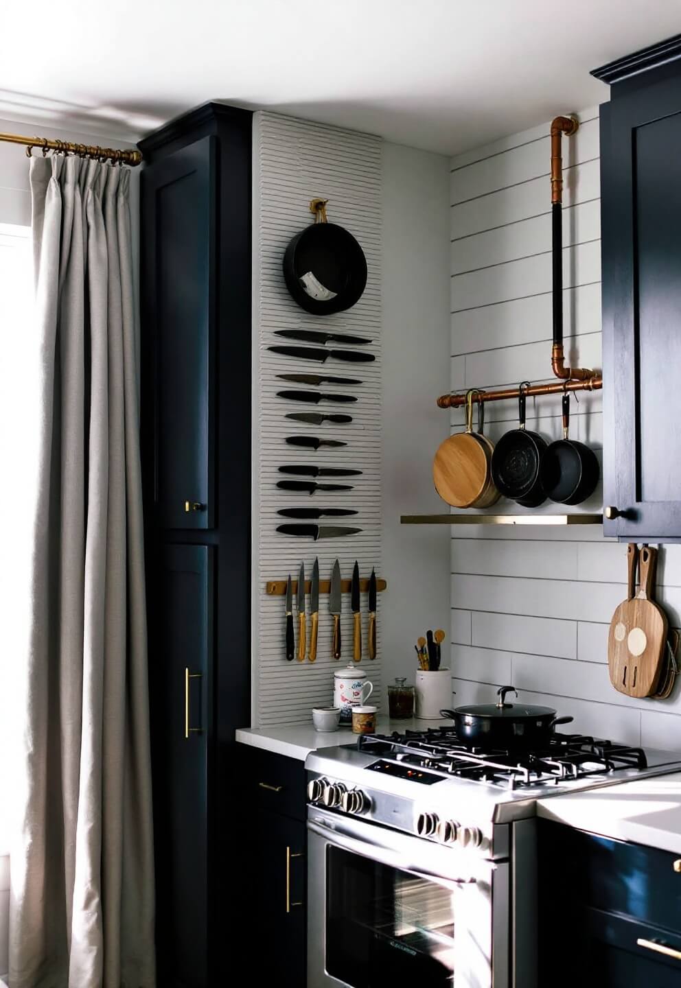 Early morning light illuminating a 10x12' cabin kitchen with vertical storage solutions, navy painted cabinets with brass hardware touching 9' ceiling, Damascus steel knives displayed on a magnetic strip, and copper pipe pot rack above a pro-style range.