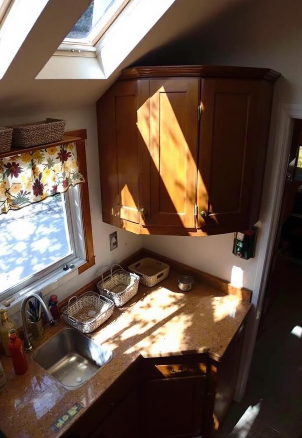 Overhead view of a compact cabin kitchen with cherry Lazy Susan cabinet, wicker baskets, terrazzo countertops, and midday sun casting shadows through skylights