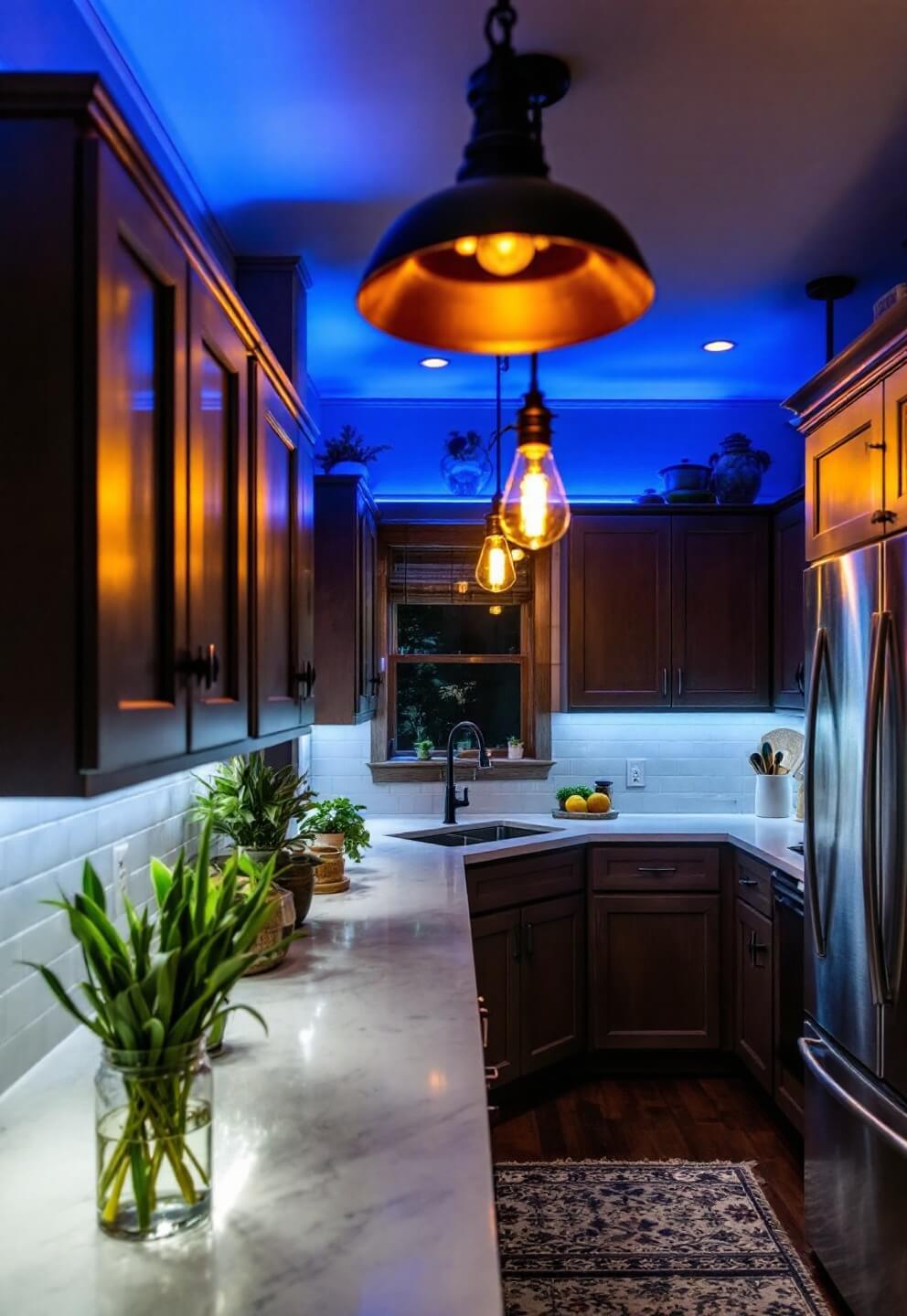 Cabin kitchen illuminated by layered lighting design with blue hour ambient light, under-cabinet LED strips on soapstone counters, a vintage industrial pendant with Edison bulb, and a reflective copper pot rack in a professional, moody atmosphere.