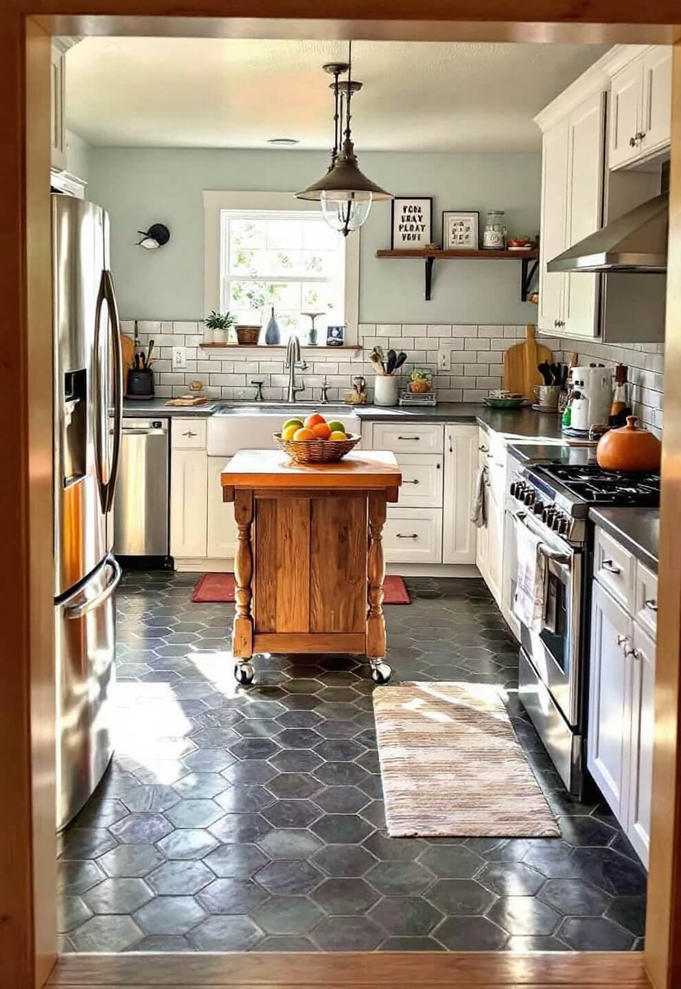 Morning light illuminating a well-organized 9x11' cabin kitchen, showing a functional layout with stainless steel appliances, hexagonal slate flooring, and a central rolling butcher block island with a copper top