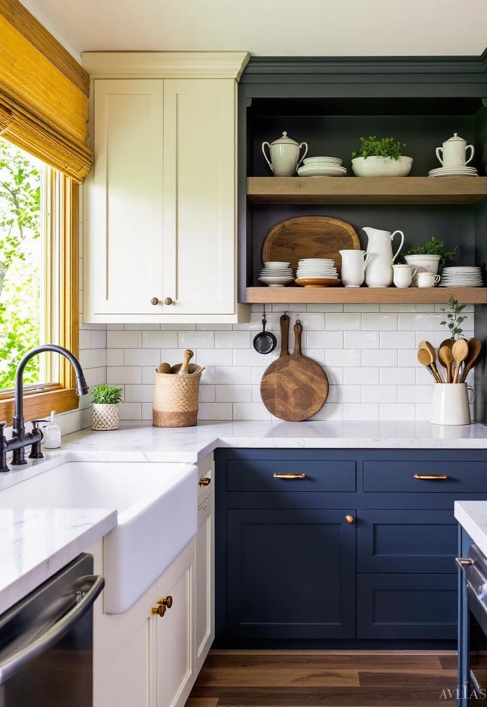 Detail of a rustic cabin kitchen with cream shaker cabinets, navy island base, copper fixtures, weathered oak open shelving with white ironstone, and white subway tile backsplash in late afternoon light.