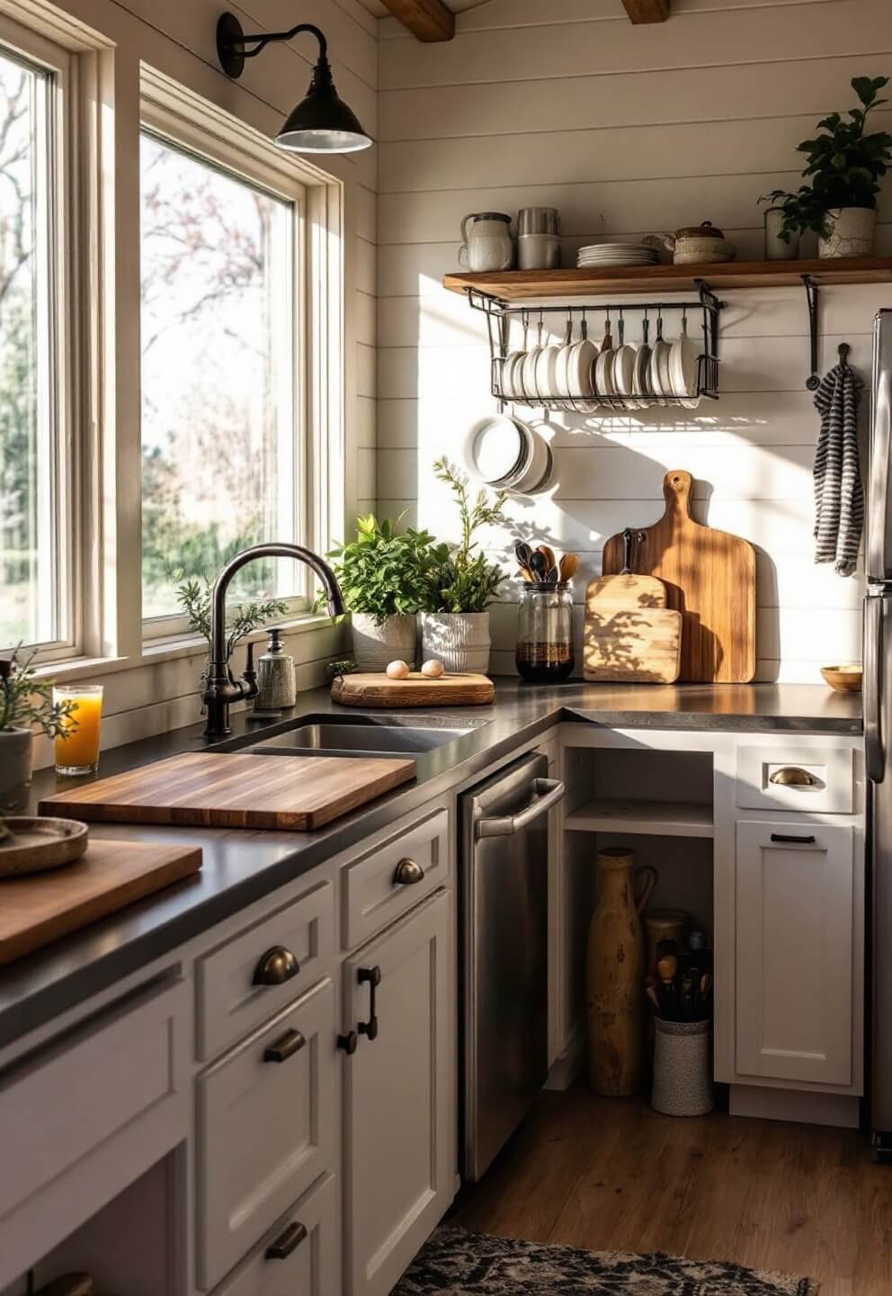 Small cabin kitchen with walnut fold-down table, wall-mounted dish rack, and built-in cutting board slots in soapstone counters under soft morning light.