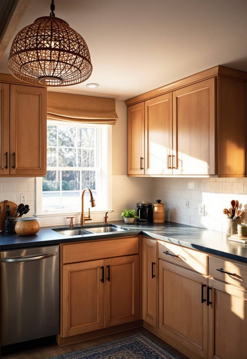 Cabin kitchen with white oak cabinets, brushed copper hardware, and slate countertops during golden hour, highlighting material harmony and texture layers.