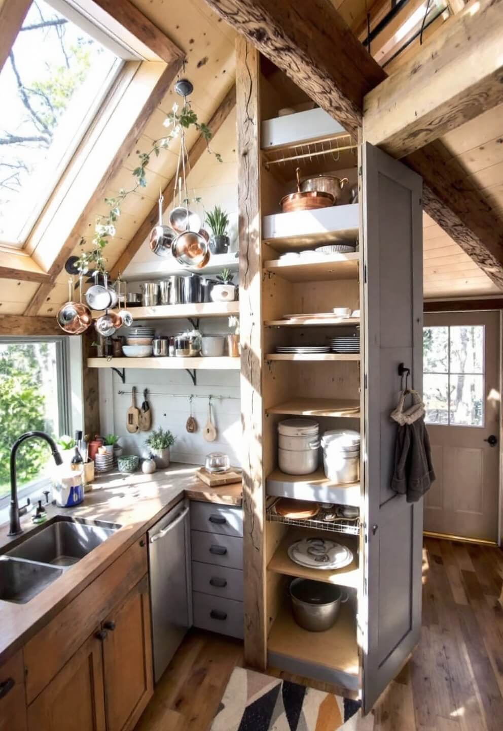 Elevated view of a compact cabin kitchen with efficient vertical storage, featuring a floor-to-ceiling pantry in weathered grey wood and a copper pot rack on a rustic beam, bathed in midday light from clerestory windows.