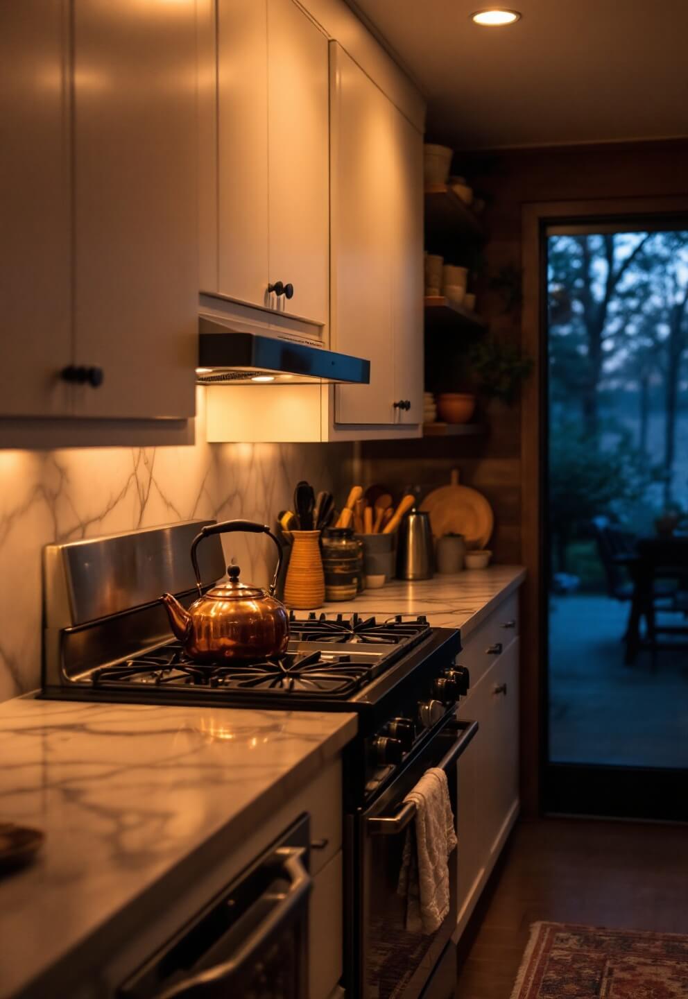 Cozy kitchen nook in a 10x12' cabin at dusk, enhanced by warm under-cabinet lighting reflecting off marble counters, featuring a vintage copper kettle on a professional range, and open shelves displaying earth-toned pottery.