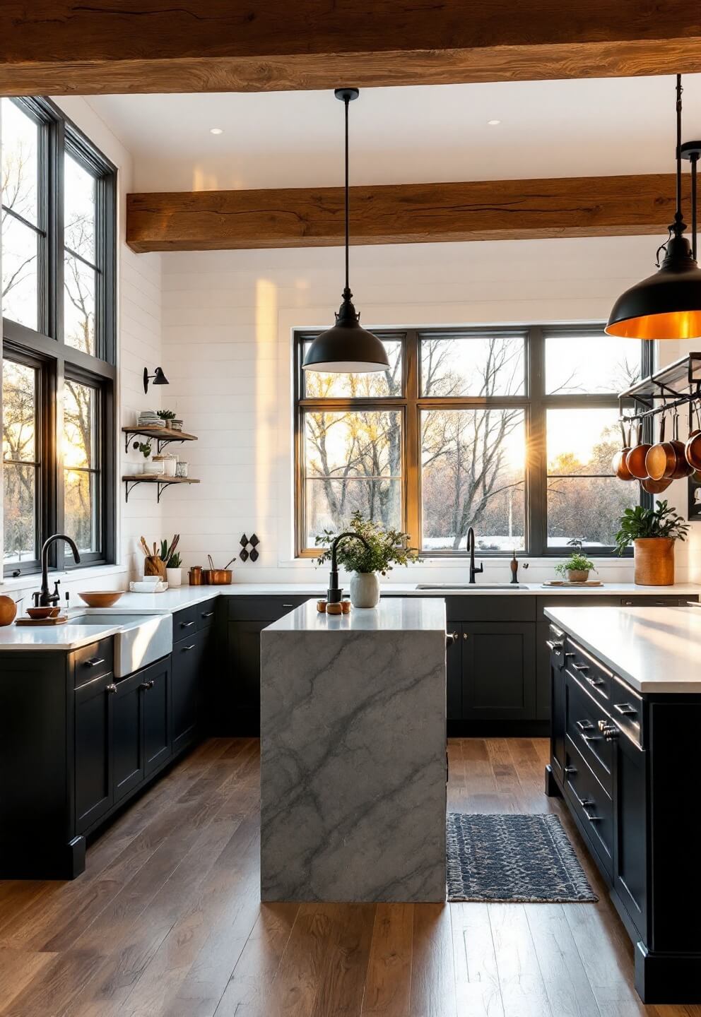 Spacious kitchen with golden sunlight streaming through floor-to-ceiling windows, featuring reclaimed oak beams, a central island with grey quartz countertop, black pendant lights, matte black cabinets against white shiplap walls, and hanging vintage copper pots.