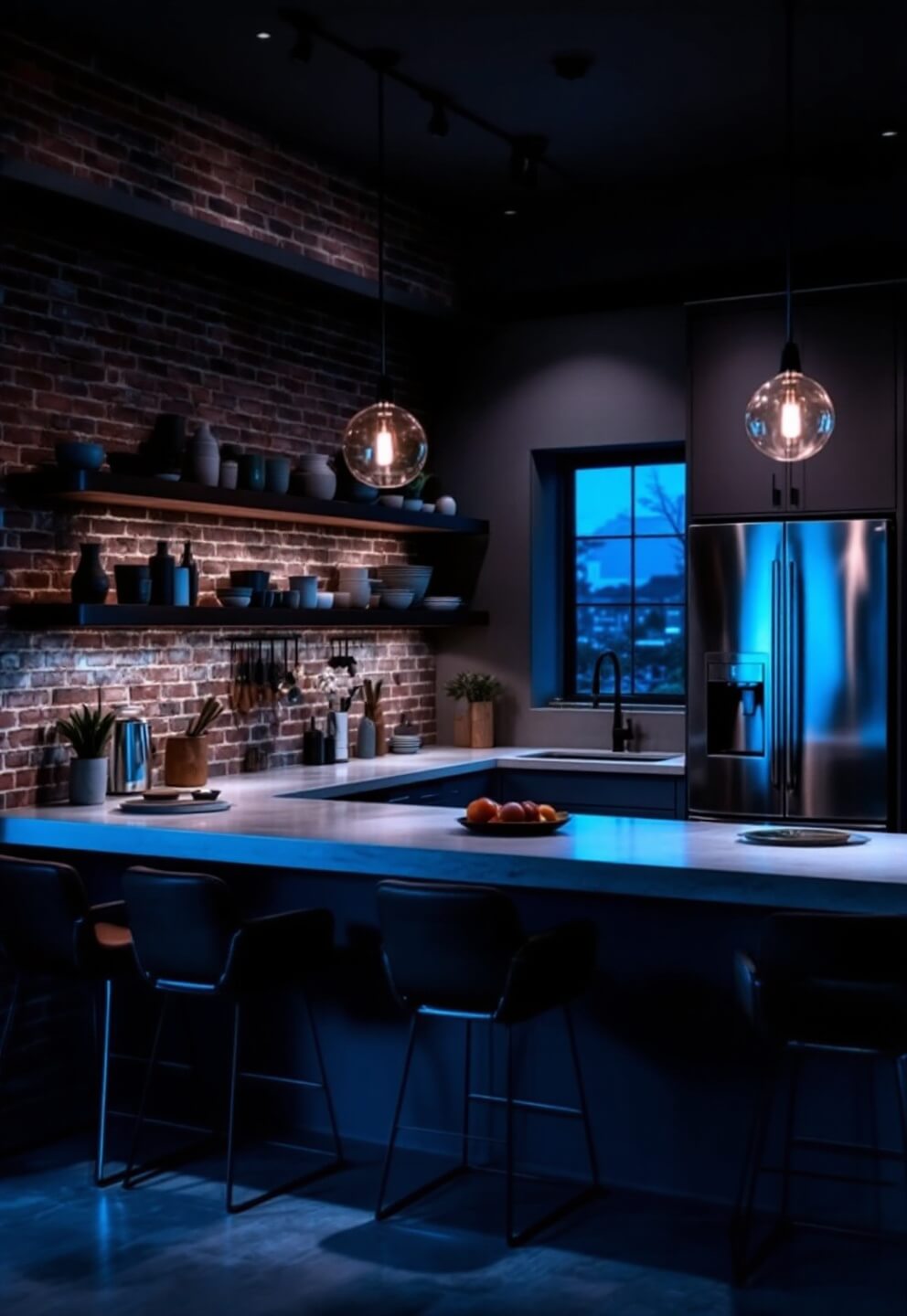 L-Shaped kitchen with stainless appliances and floating walnut shelves against exposed brick wall, leather barstools line concrete island, ambient light reflected under glass globe pendants, shot from an elevated position during blue hour.