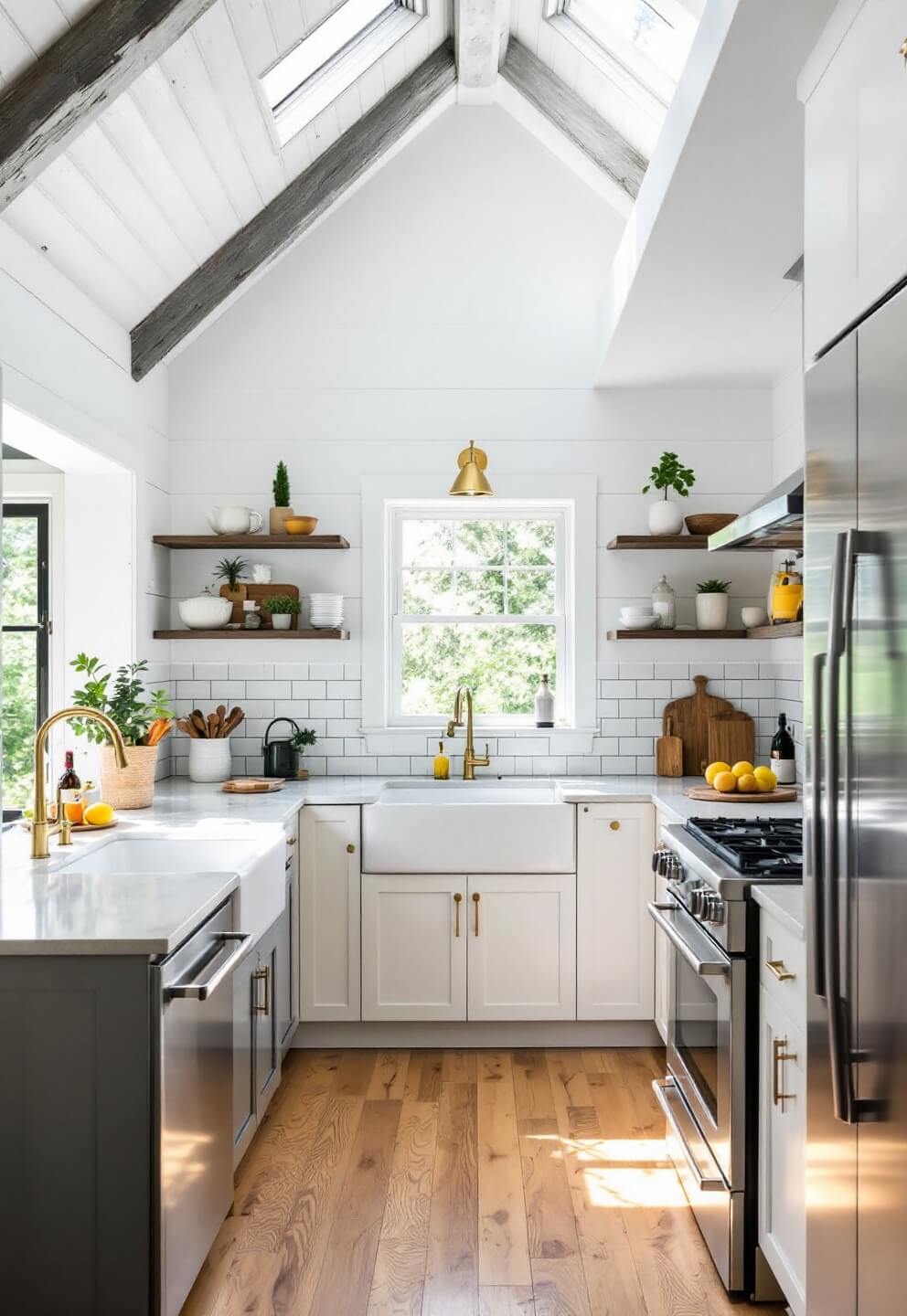 Bright and airy sun-drenched galley kitchen featuring whitewashed beams, modern skylight, hand-scraped oak floors, farmhouse sink, mixed metal fixtures, and white subway tile with dark grout to ceiling.