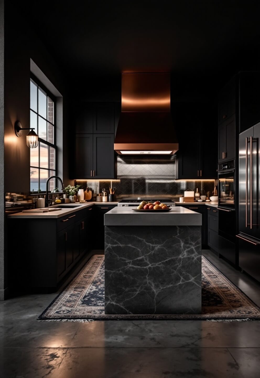 Luxe, dramatic kitchen at dusk featuring a copper hood, charcoal cabinets, antiqued mirror backsplash, soapstone waterfall island, vintage rug on concrete floors, and industrial sconces flanking a window, shot from a low angle emphasizing vertical elements in moody, rich colors.