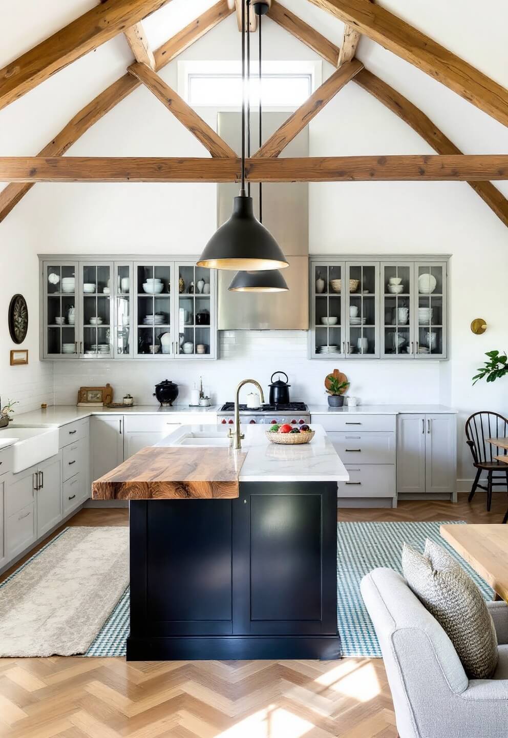 Spacious open concept kitchen bathed in morning light with rustic wooden trusses, modern glass cabinets showcasing vintage collections, a marble island featuring a live-edge wood breakfast bar, and a floor adorned with handmade zellige tiles in a herringbone pattern, viewed from the dining area for spatial relation.