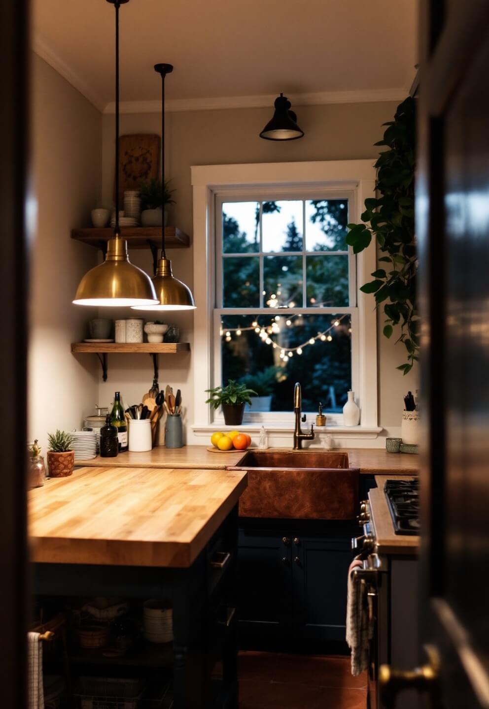 Romantic and lived-in kitchen nook highlighted by warm brass pendants above a butcher block island, contrasting navy shaker cabinets and weathered oak shelving, with a hammered copper sink under a garden window and terracotta floor tiles captured in a cozy atmosphere in the twilight.