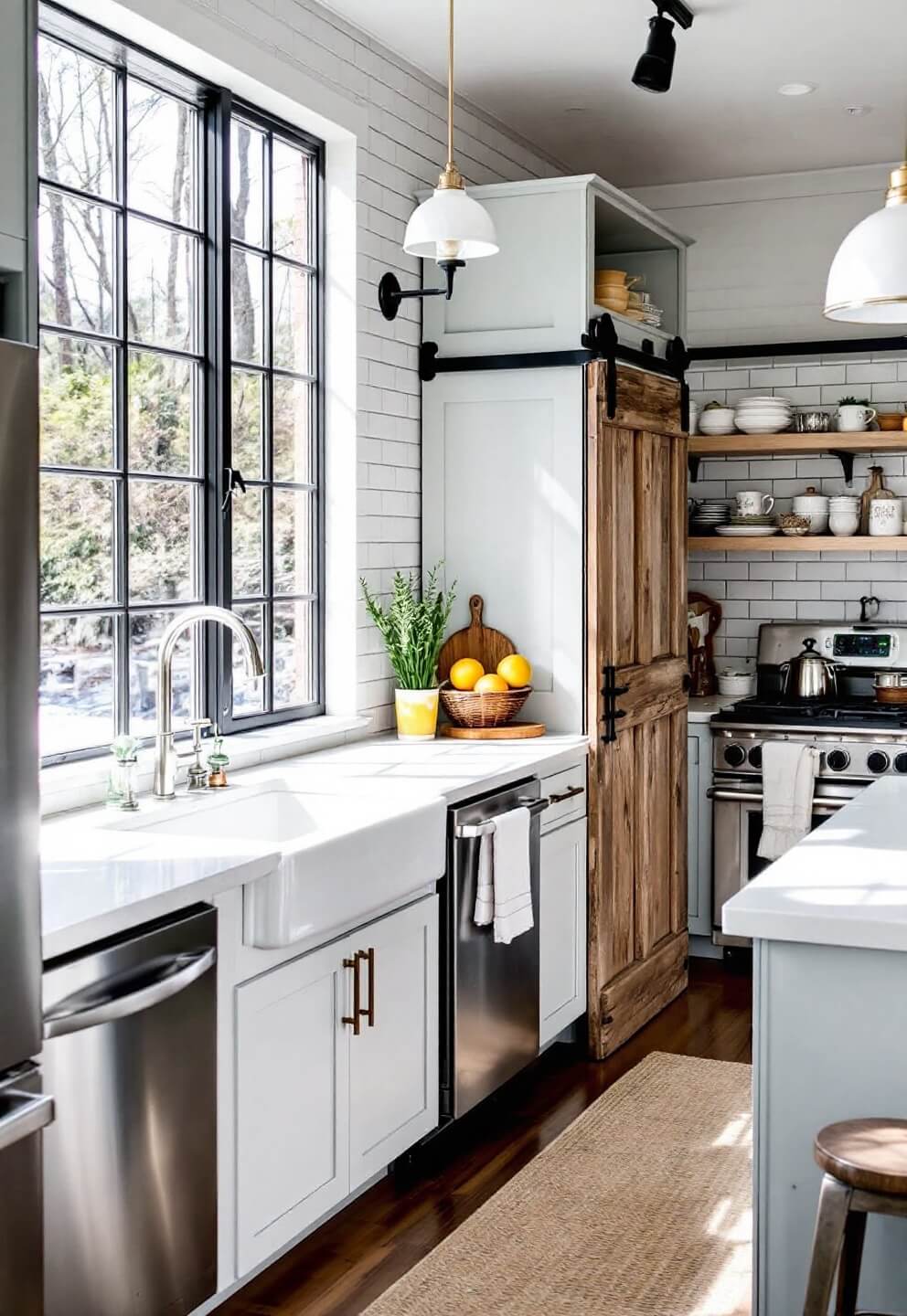 Professional, charming farmhouse kitchen with steel-framed windows, whitewashed brick walls, reclaimed barn door pantry, commercial-grade appliances, mixed metal hardware and vintage accessories, captured in bird's eye view showcasing layout flow in bright, afternoon light.