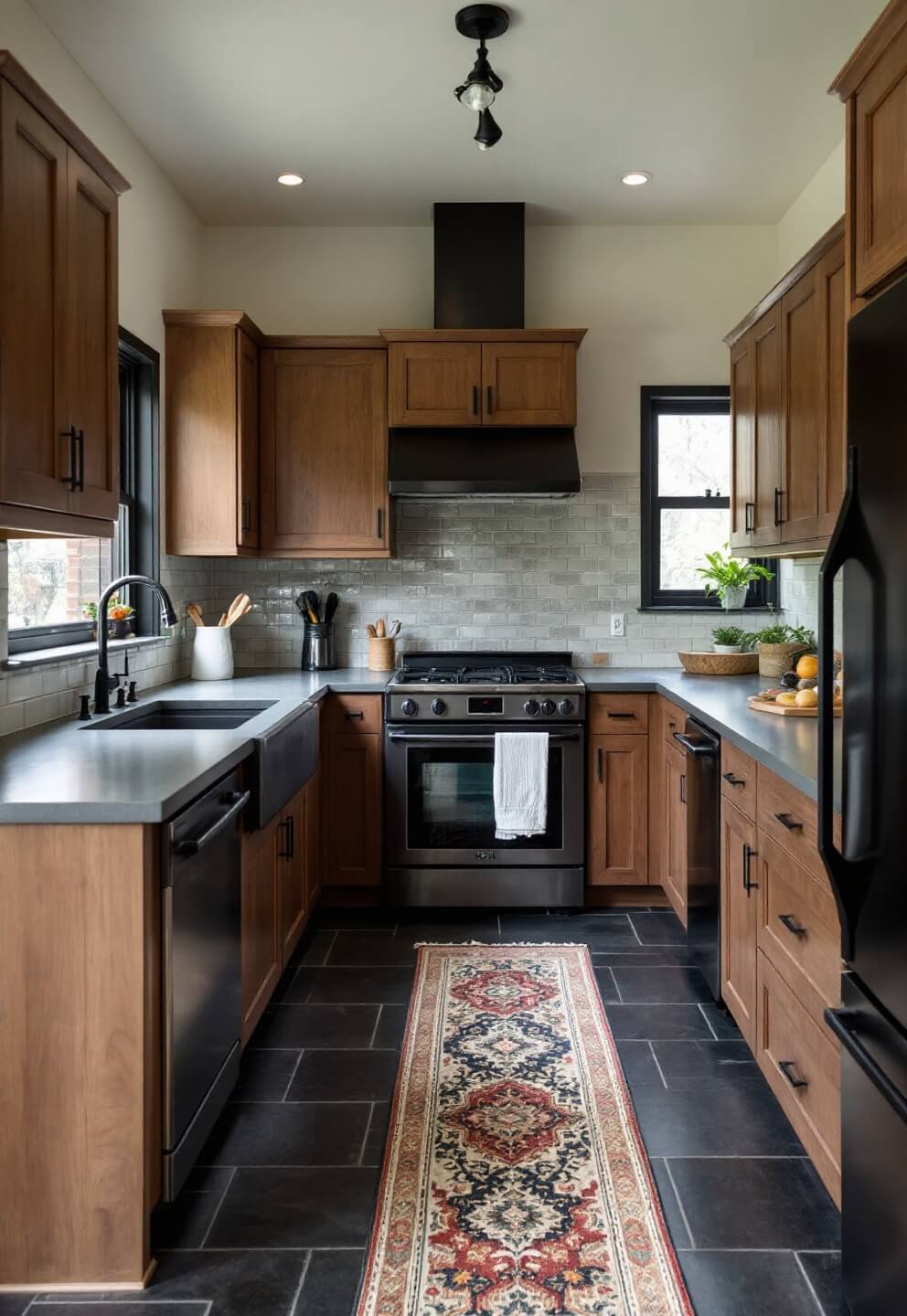 U-shaped, midday-lit 18x15ft kitchen featuring stained concrete counters, rift-sawn oak cabinets, a modern range with an antique tile backsplash, industrial black-framed windows and a vintage runner on slate floors in an earthy and curated tone.