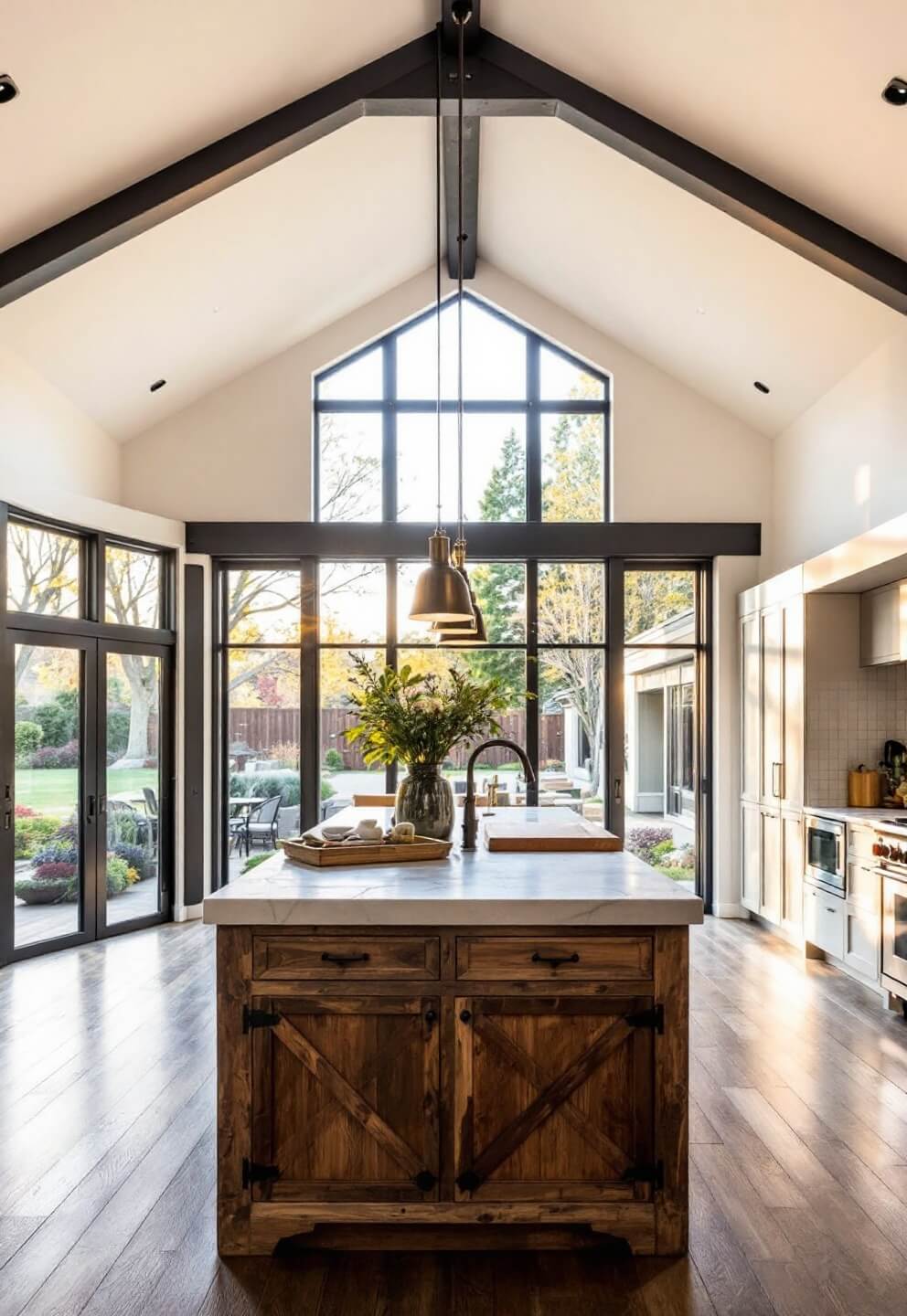 Modern open kitchen with cathedral ceiling, antique butcher block, handmade tile wall, and floor-to-ceiling windows highlighting garden view at golden hour.