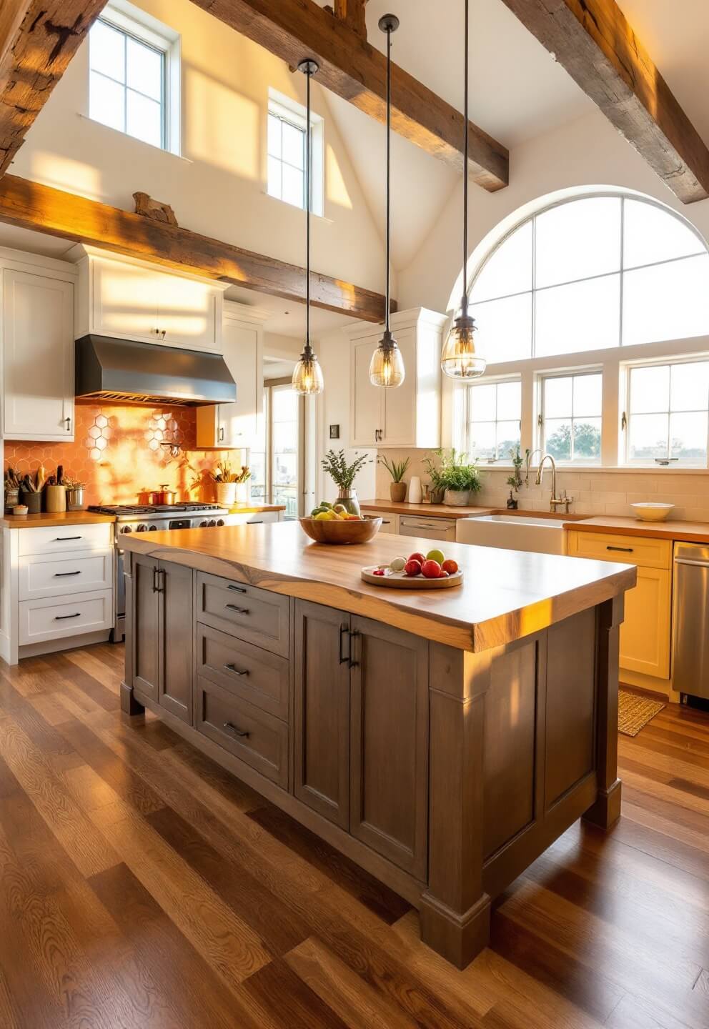 Sunny 12x15ft kitchen with 10ft ceilings, reclaimed wooden beams, wide-plank walnut flooring, massive island with live-edge butcher block, terracotta backsplash tiles, expansive windows shot from a low corner angle emphasizing natural light and layered earth tones.