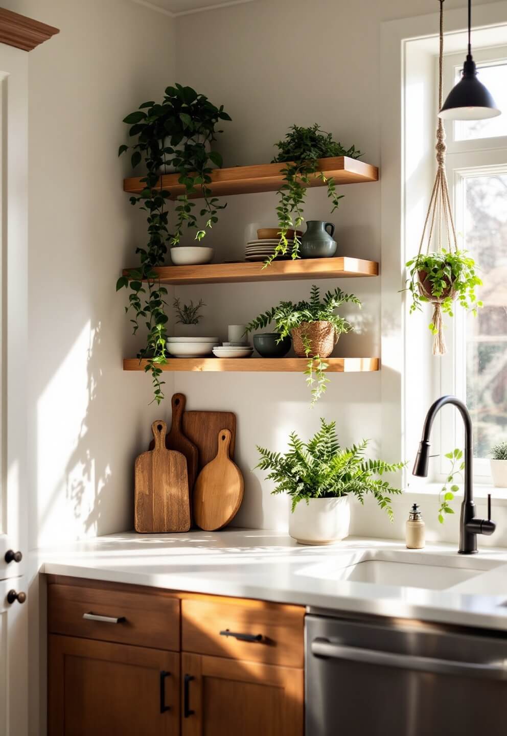 Cozy kitchen nook bathed in soft morning light with olive and beige ceramics on wooden shelves, potted ferns in macramé hangers, and stone countertops