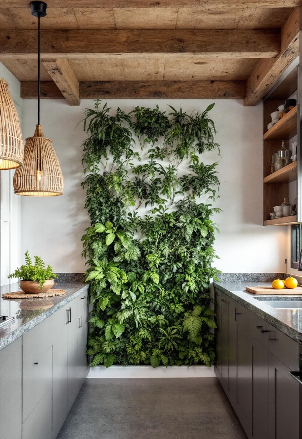 Elevated view of a 14x14ft kitchen with a floor-to-ceiling garden wall, wooden ceiling beams, grey granite countertops, and natural fiber pendant lights.