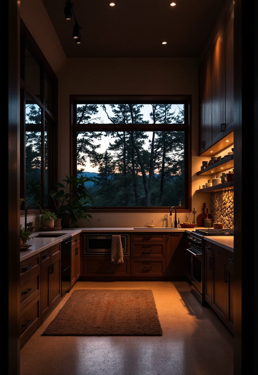 Dusk view of spacious kitchen with cork flooring, wooden cabinets, and river rock backsplash, lit by moody evening light through a wall of windows overlooking trees.