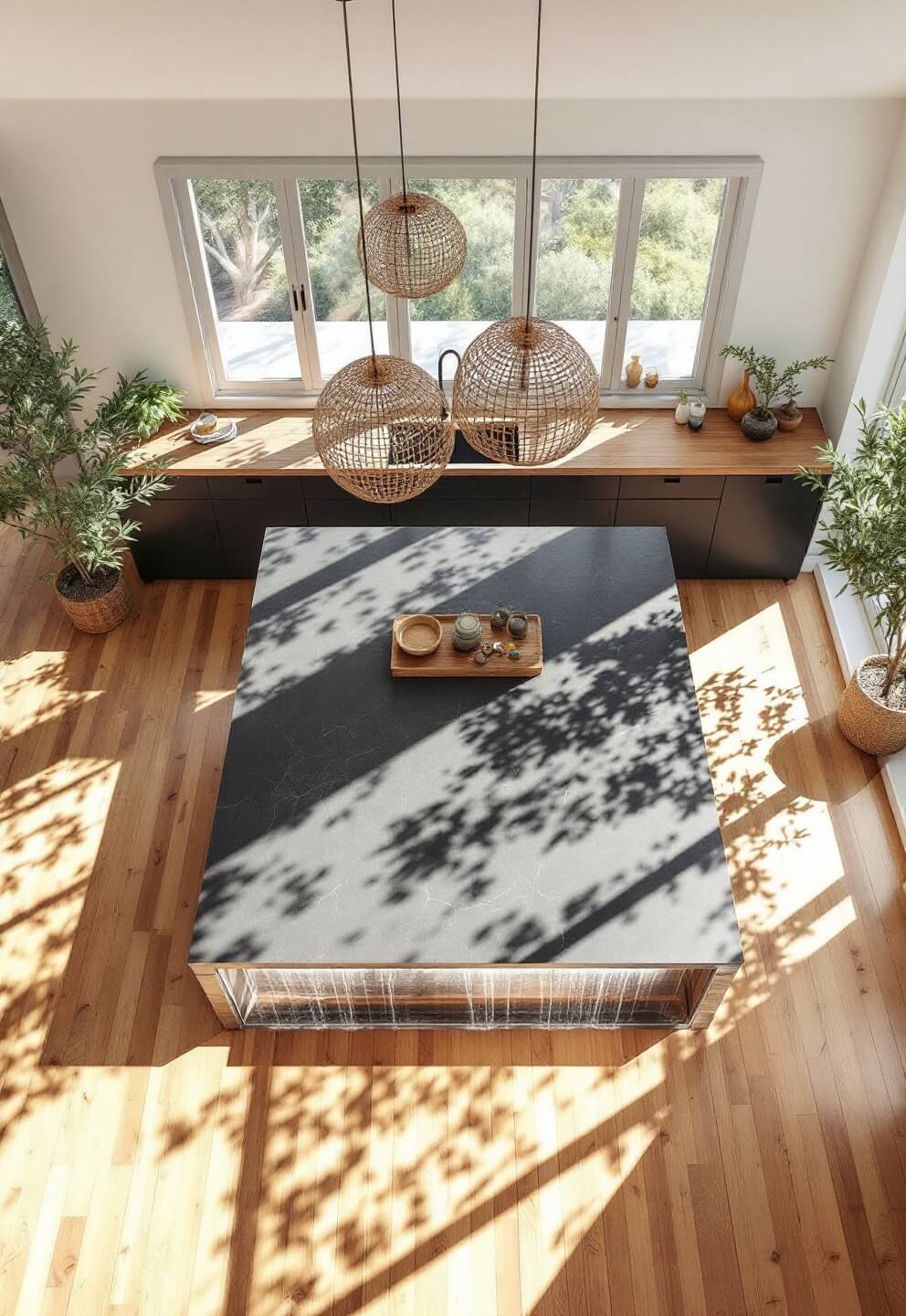 Bright and spacious 13x15ft kitchen with monumental slate island, bamboo flooring, floor-to-ceiling windows with potted olive trees, woven pendant lights, and a blend of stone and wood textures, captured from a bird's eye view in the morning light.