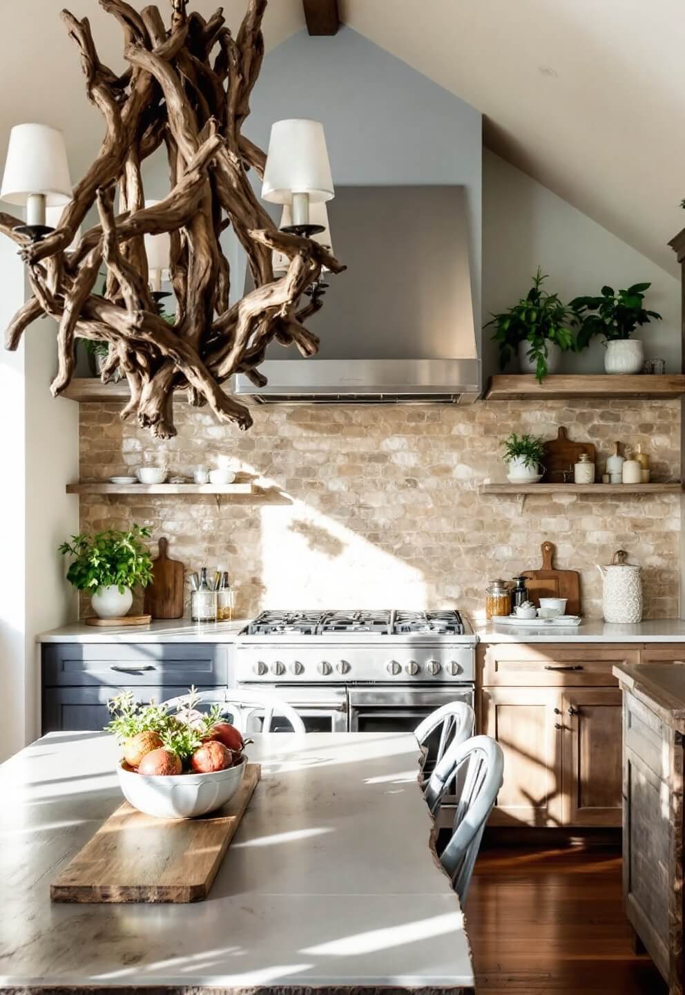 Sunlit kitchen with driftwood chandelier, raw-edge dining table, stone backsplash, reclaimed barn wood cabinets and hanging herbs viewed from dining area.