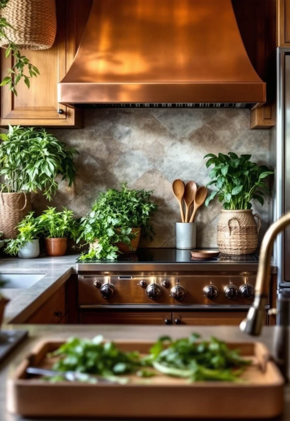 Handcrafted copper range hood in a small kitchen, surrounded by vertical herb gardens, rough stone countertops, and smooth bamboo cabinets with natural fiber baskets adding texture above in a contrast of warm metallic tones against cool greens.