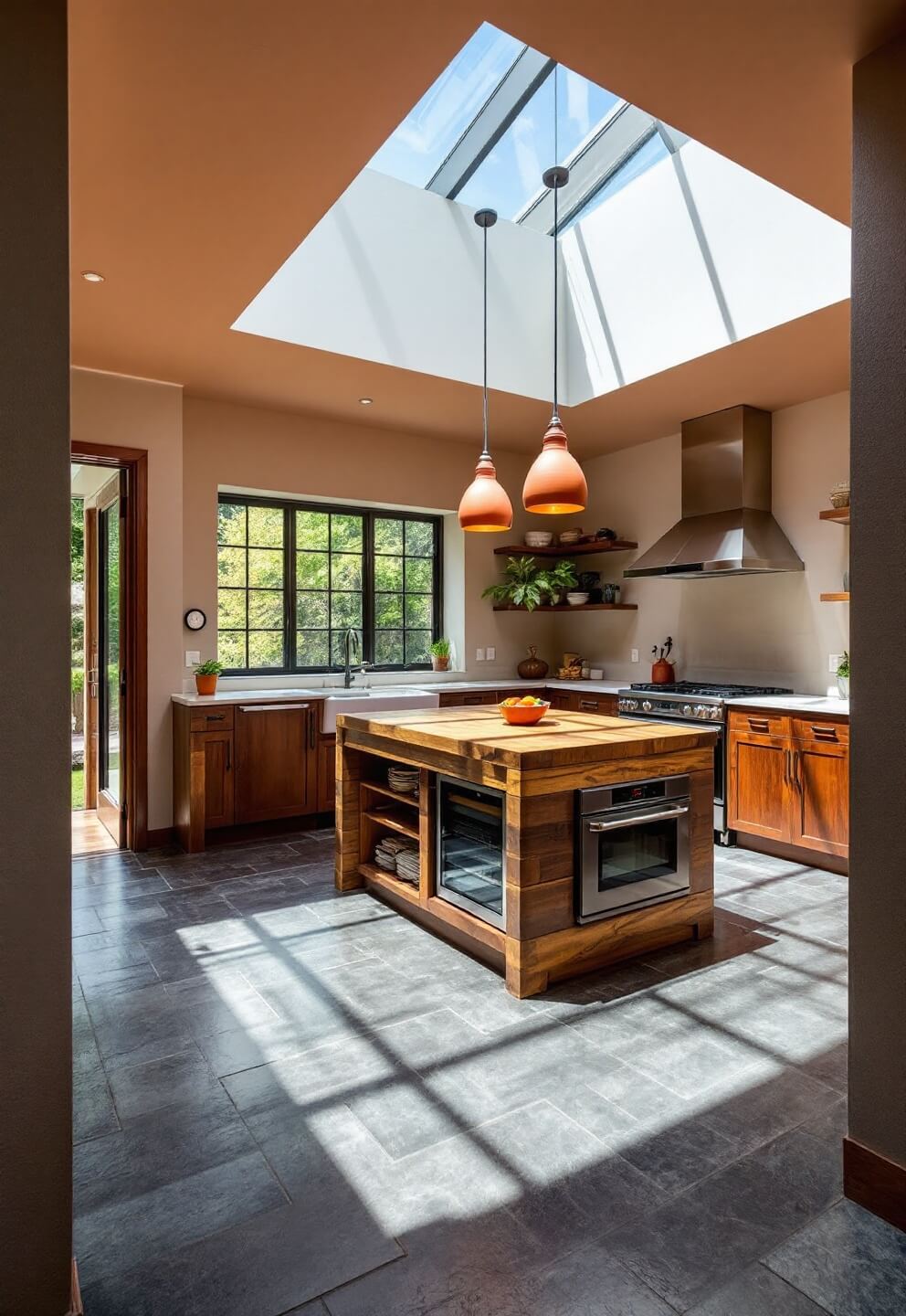 Open kitchen with skylight, reclaimed wood island, terracotta pendant lights, and slate flooring emphasizing vertical space and natural light play