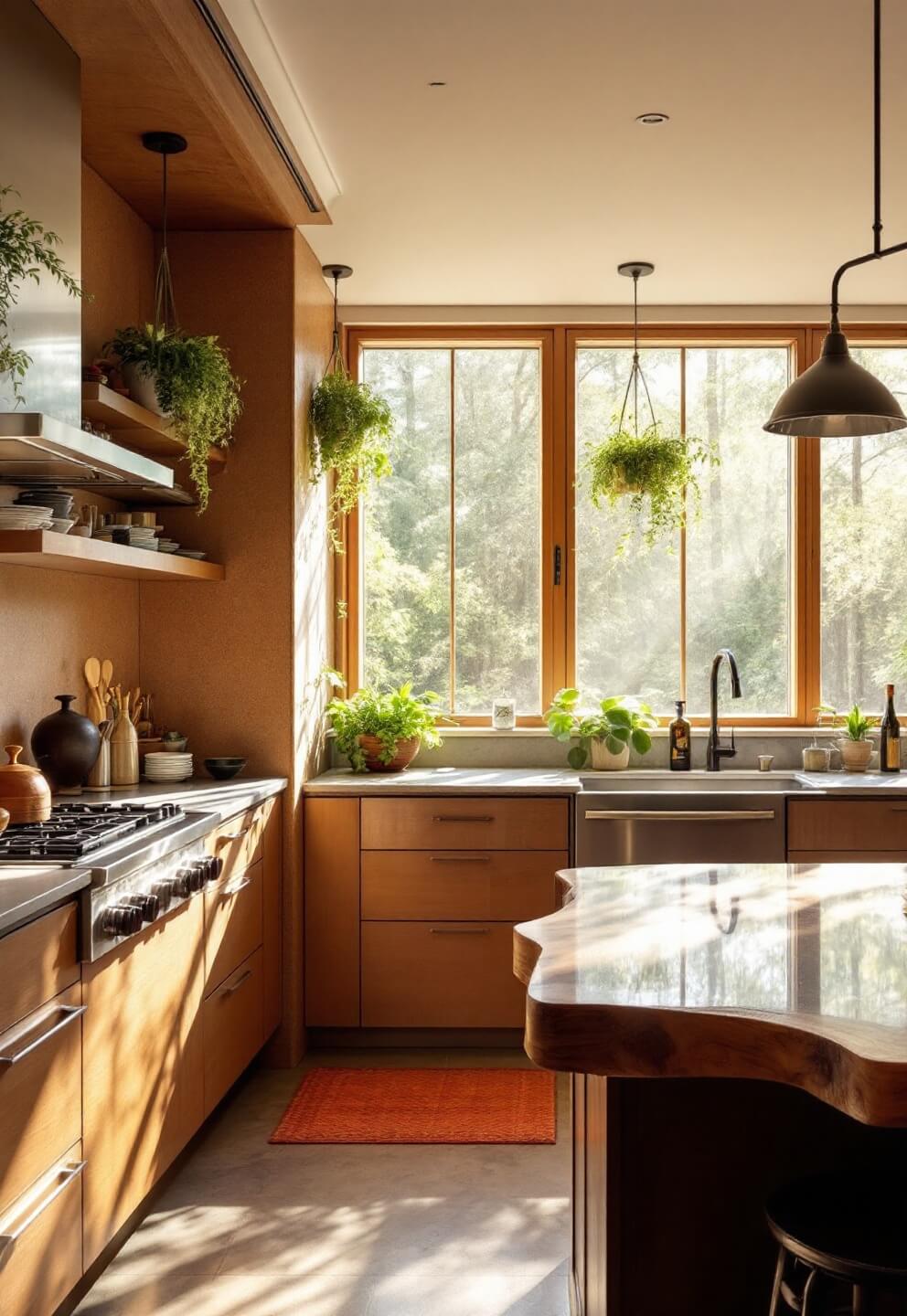 Morning light illuminating a spacious kitchen with living edge wood breakfast bar, cork wall panels, stone counters, and hanging ferns