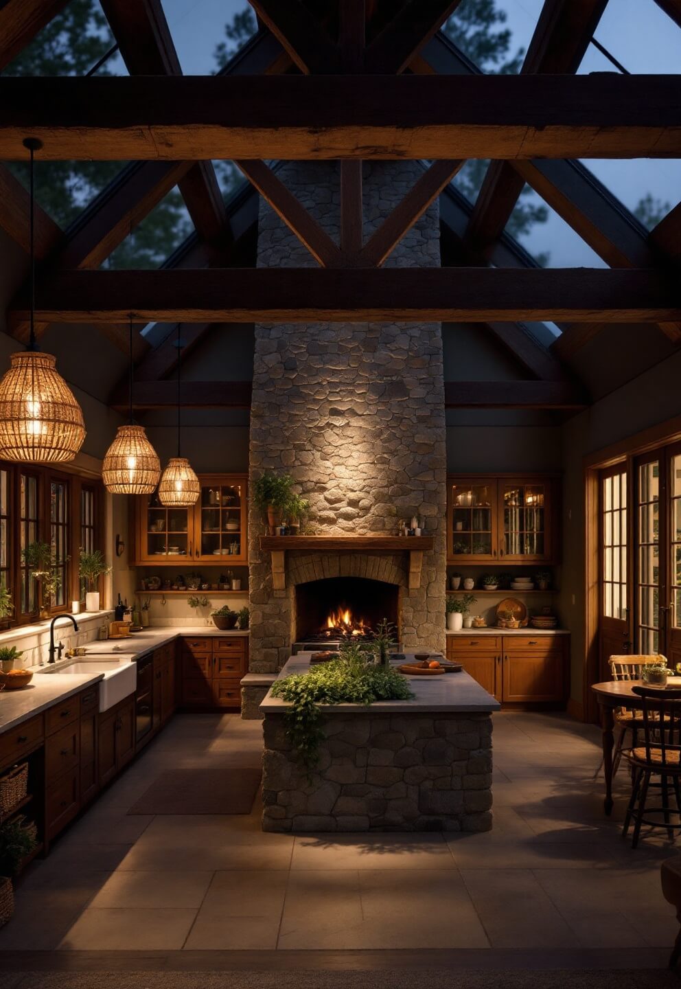 Twilight view of spacious kitchen with stone hearth, raw wooden beams, woven pendant lights, and garden herb window, creating a warm and moody evening atmosphere