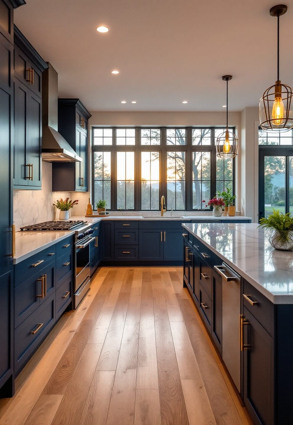 Modern kitchen at golden hour featuring navy blue cabinets, Calacatta marble countertops, under-cabinet LED lighting, aged brass pendant lights, and wide-plank white oak flooring