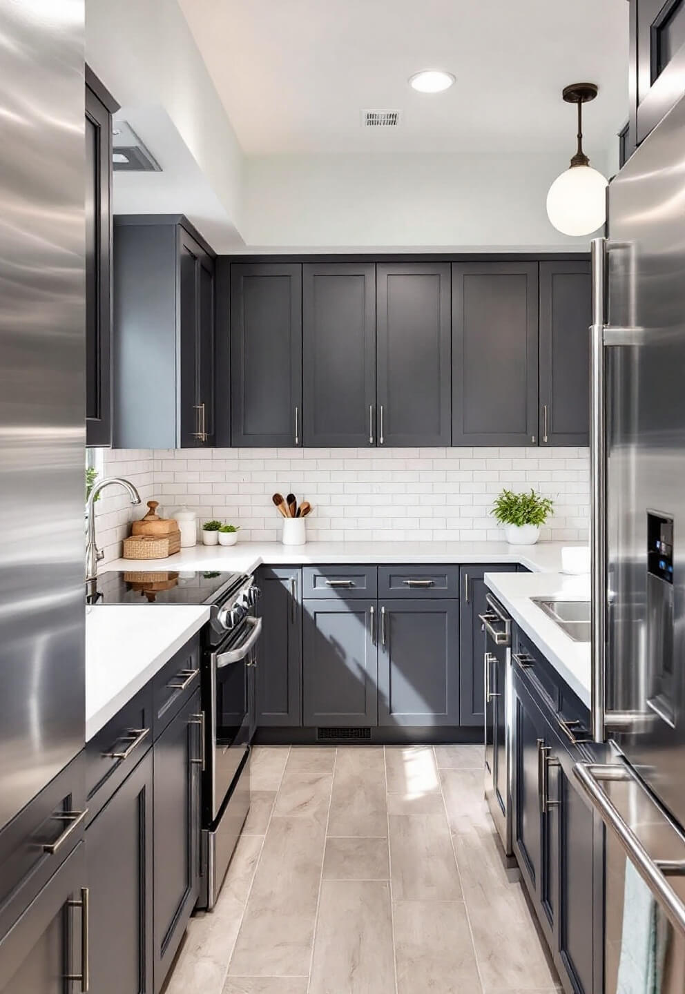 Intimate galley kitchen with charcoal gray flat-panel cabinets, cloud-white quartz countertops, pearl white subway tile backsplash, and stainless appliances illuminated by bright midday sunlight