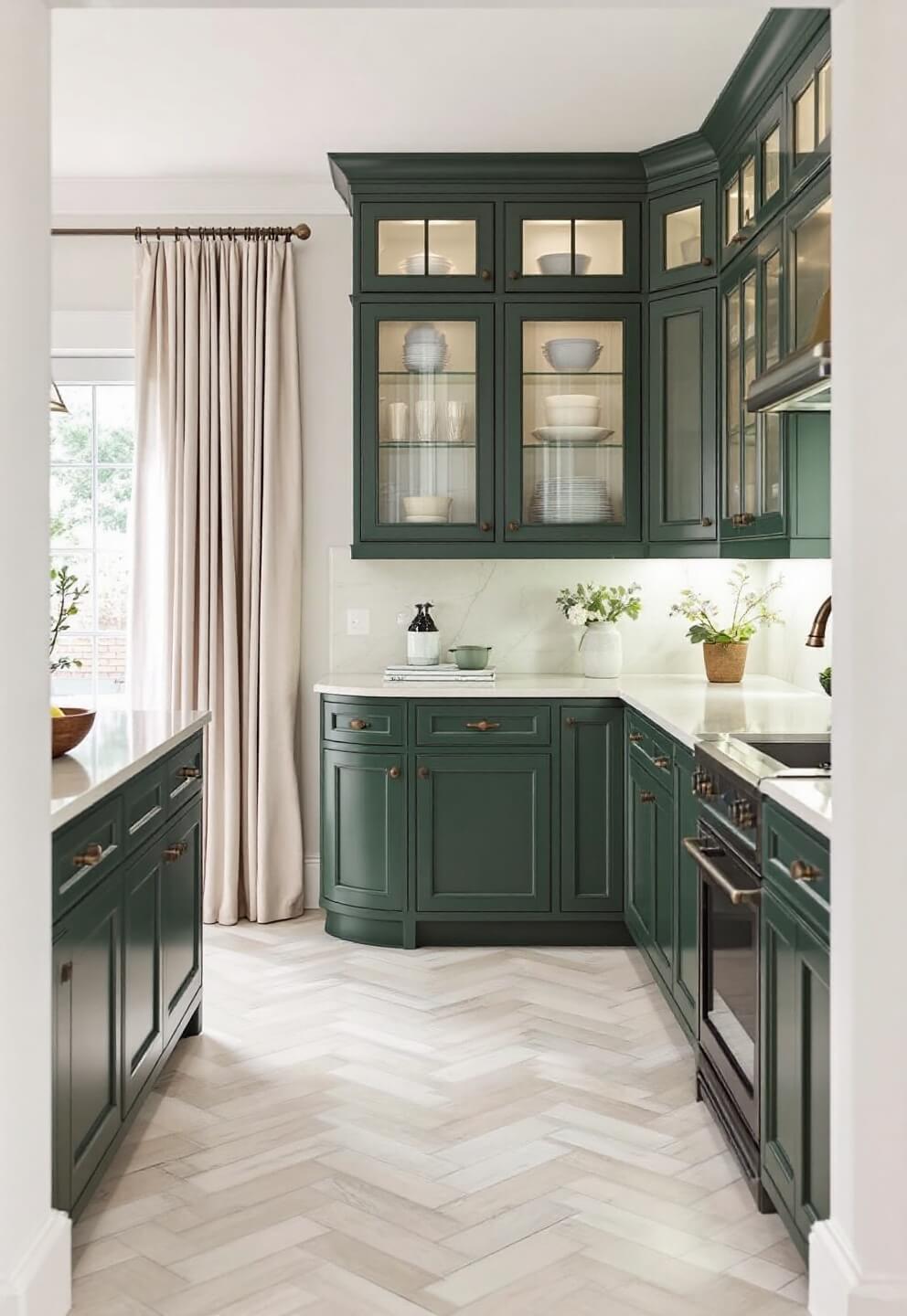 Morning light filtering through sheer curtains in transitional L-shaped kitchen with forest green inset cabinets, creamy limestone countertops, herringbone marble backsplash, and lit glass-front upper cabinets