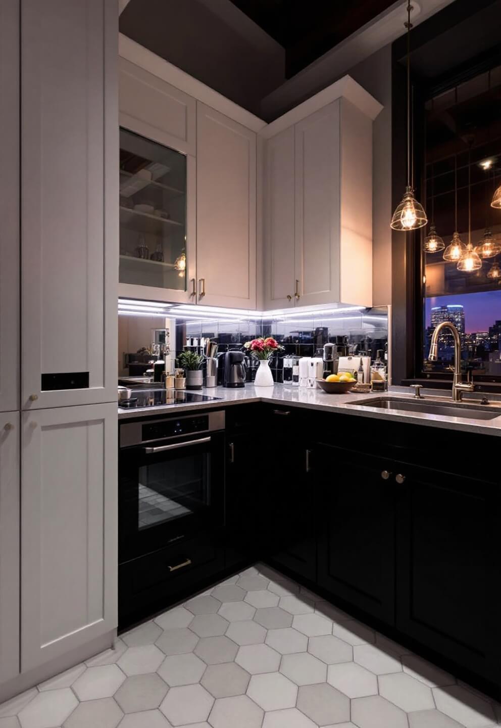 Compact urban kitchen at dusk with contrasting black and white cabinets, mirrored backsplash, brushed nickel hardware, and white hexagon floor tiles, under strategic accent lighting