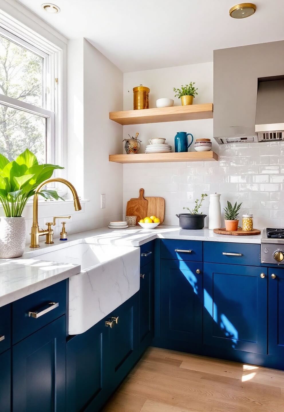 Bright sunlit 12'x15' corner kitchen with navy lower cabinets, grey upper cabinets, marble waterfall island, brass fixtures, and open oak shelving, captured from a diagonal corner showing its flow into the dining area.