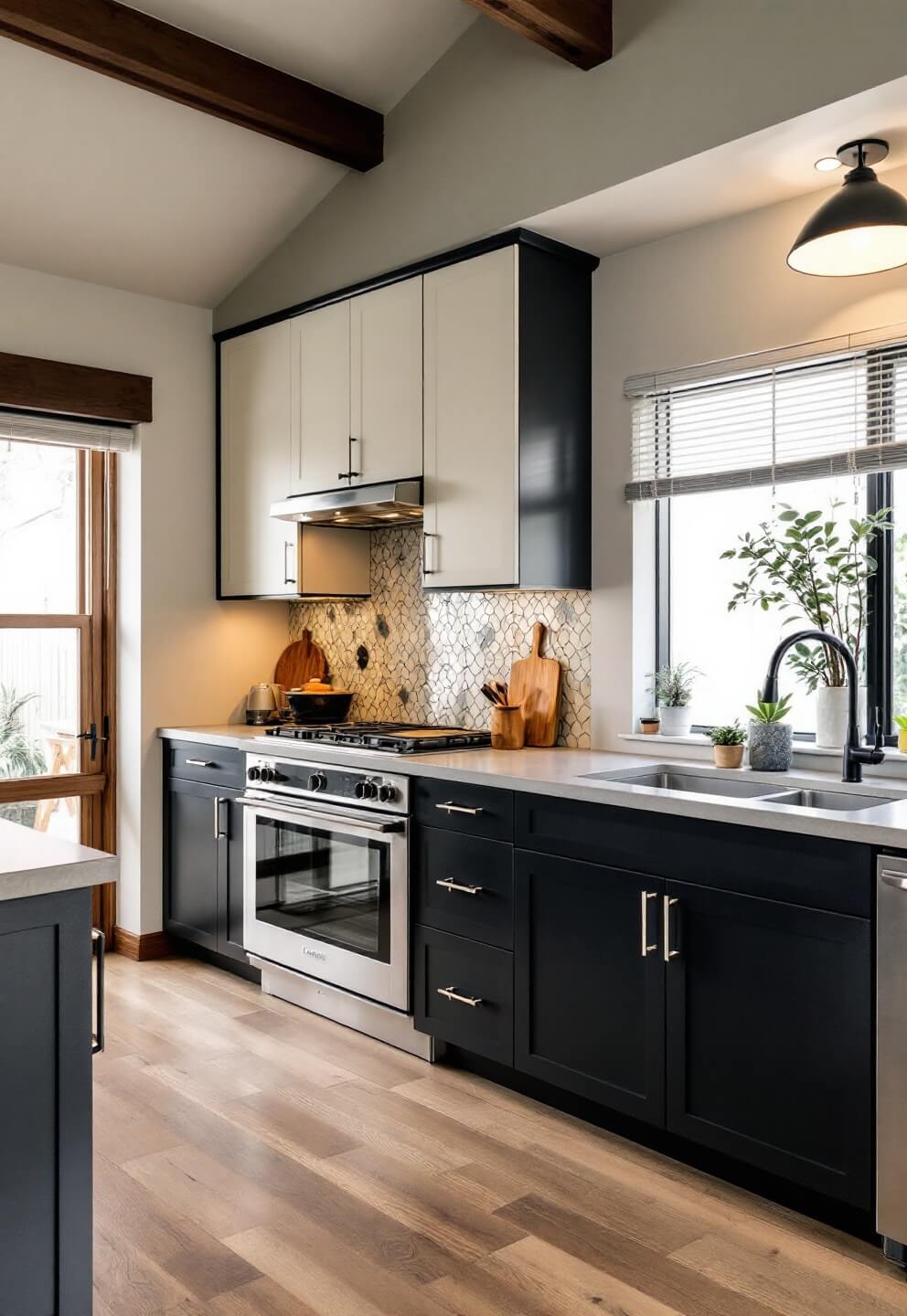 Industrial-modern kitchen with high ceilings, charcoal and cream cabinets, concrete countertops, geometric tile backsplash, and layered lighting